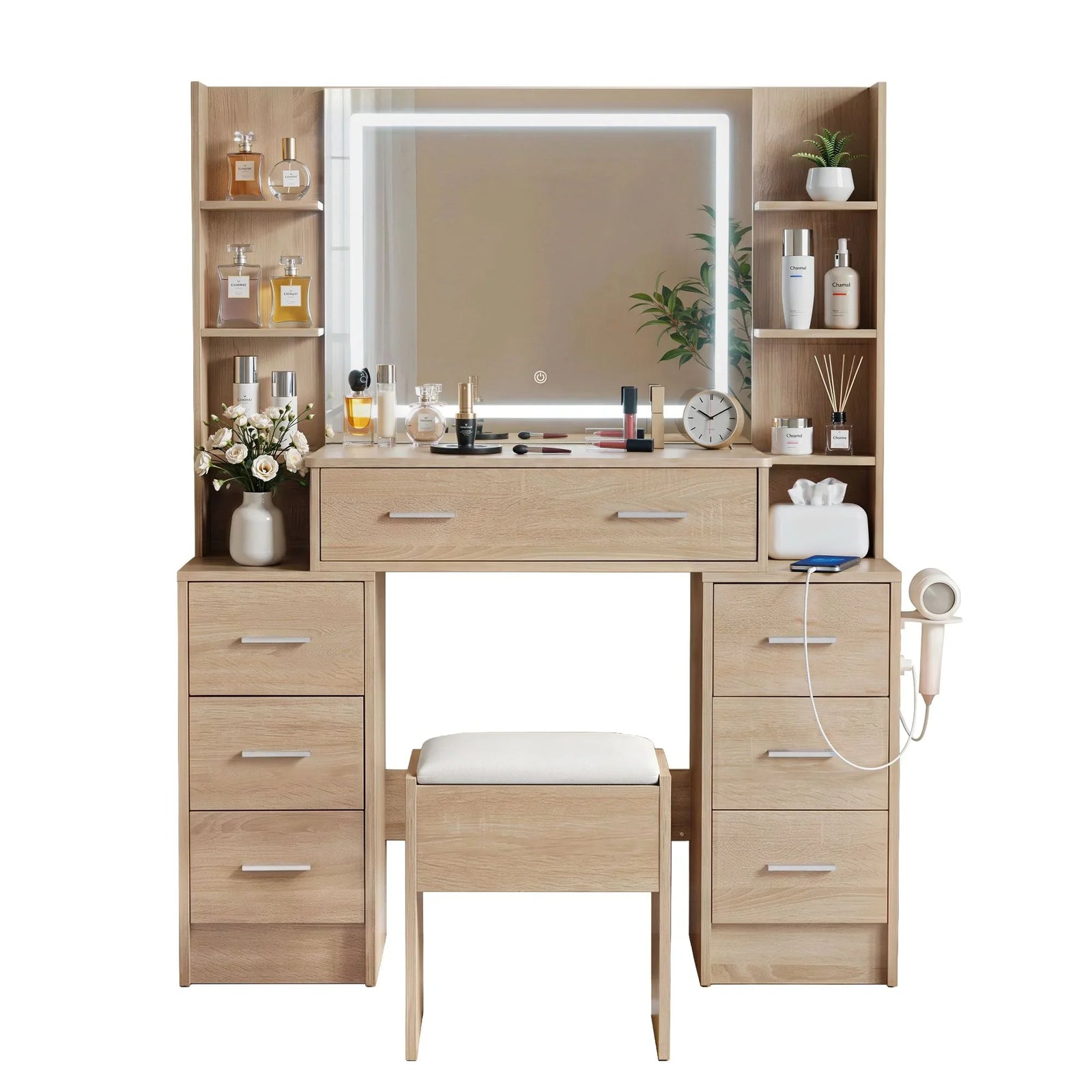Dressing Table Vanity Desk Set Stool LED Charging Station Wood