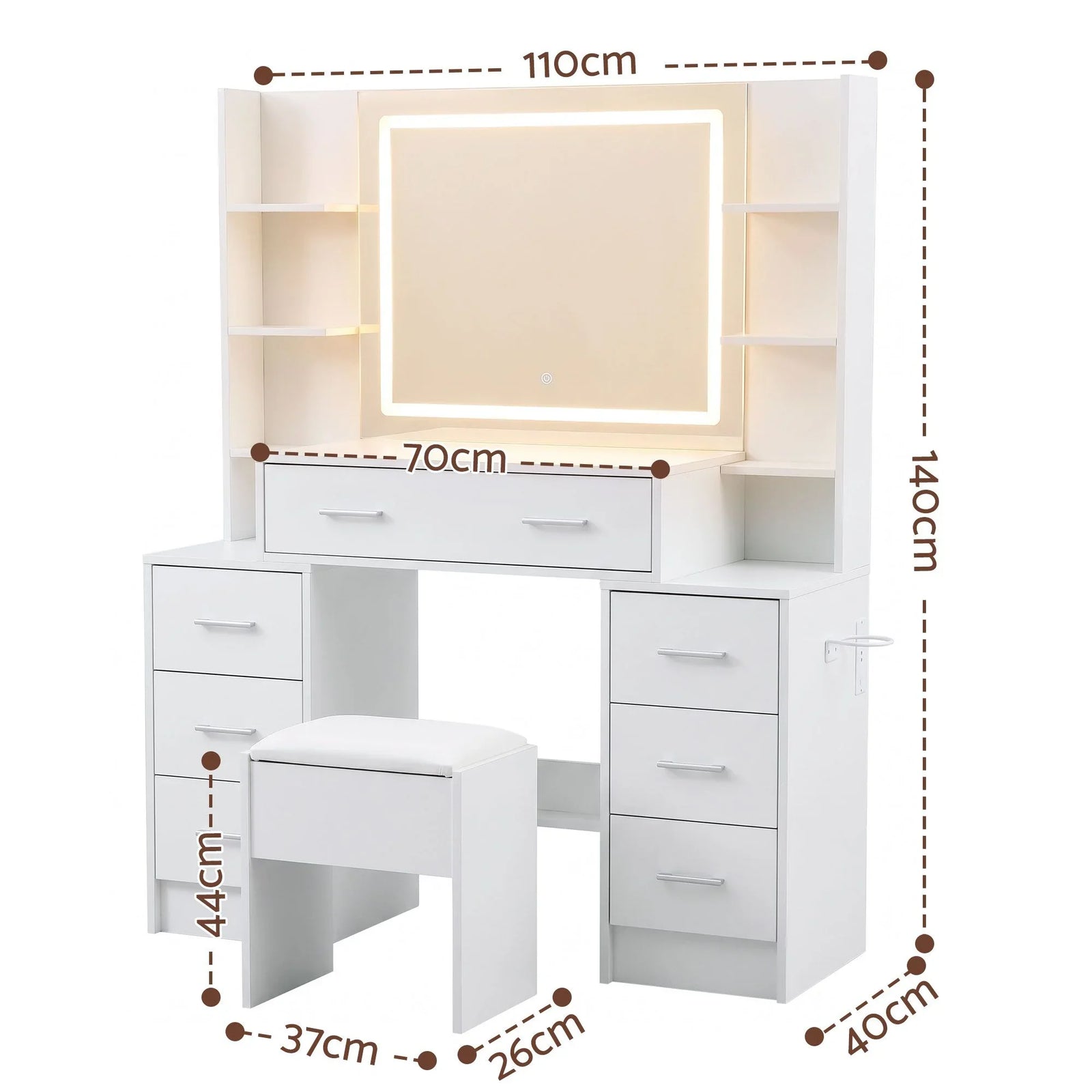 Dressing Table Vanity Desk Set Stool LED Charging Station White