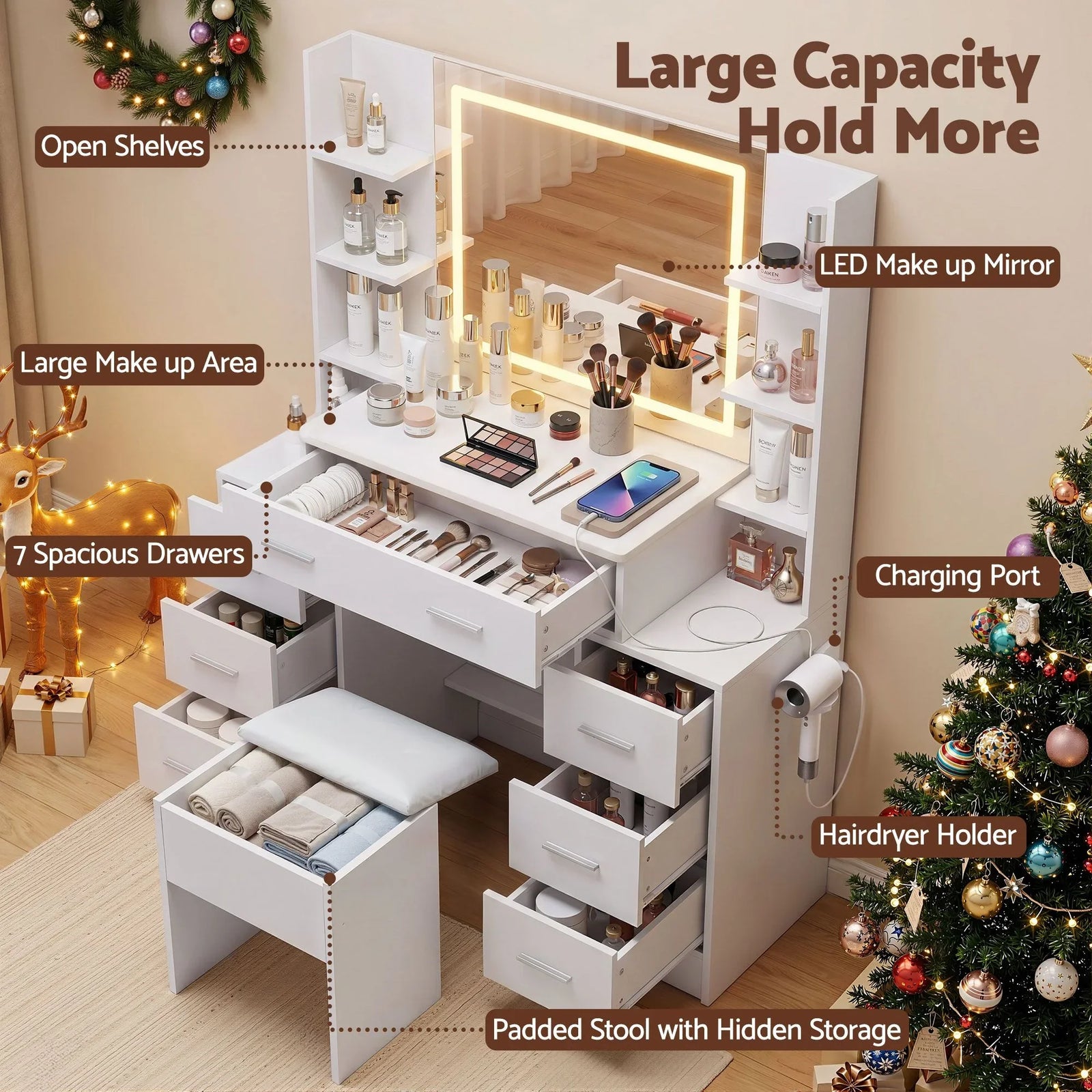 Dressing Table Vanity Desk Set Stool LED Charging Station White