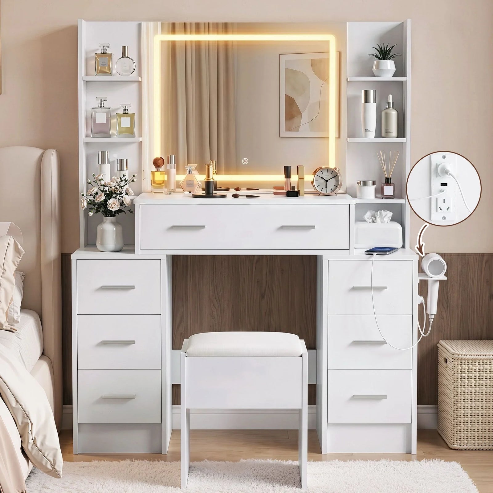 Dressing Table Vanity Desk Set Stool LED Charging Station White