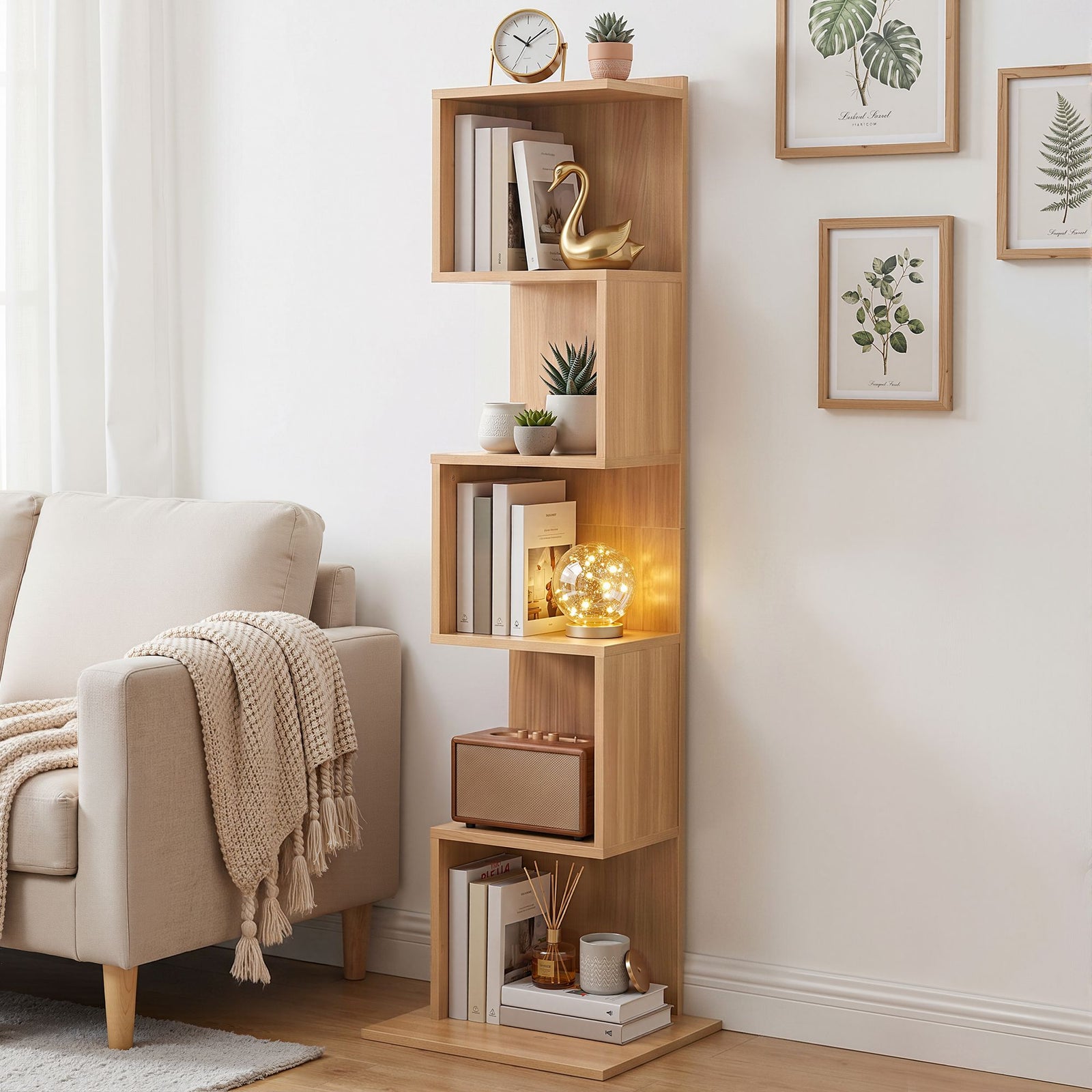 Bookshelf 5‑Tier S‑Shape – Oak Display Shelf, 154cm Storage Unit