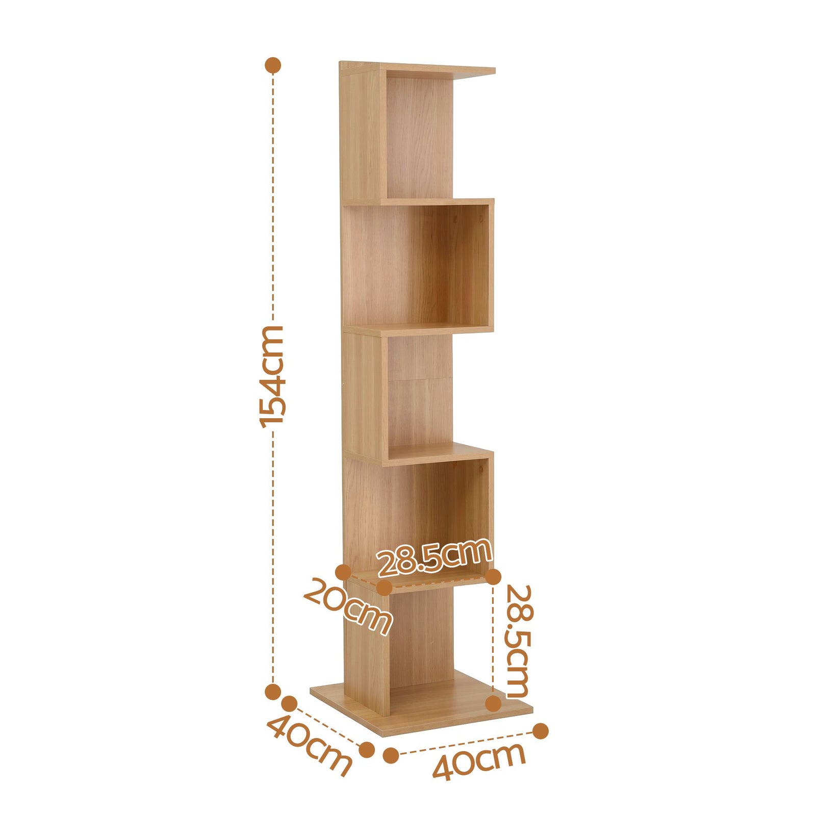 Bookshelf 5‑Tier S‑Shape – Oak Display Shelf, 154cm Storage Unit