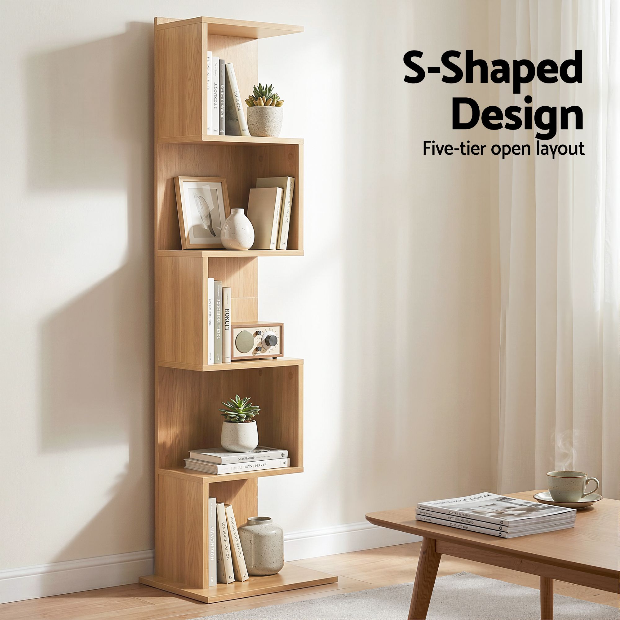 Bookshelf 5‑Tier S‑Shape – Oak Display Shelf, 154cm Storage Unit