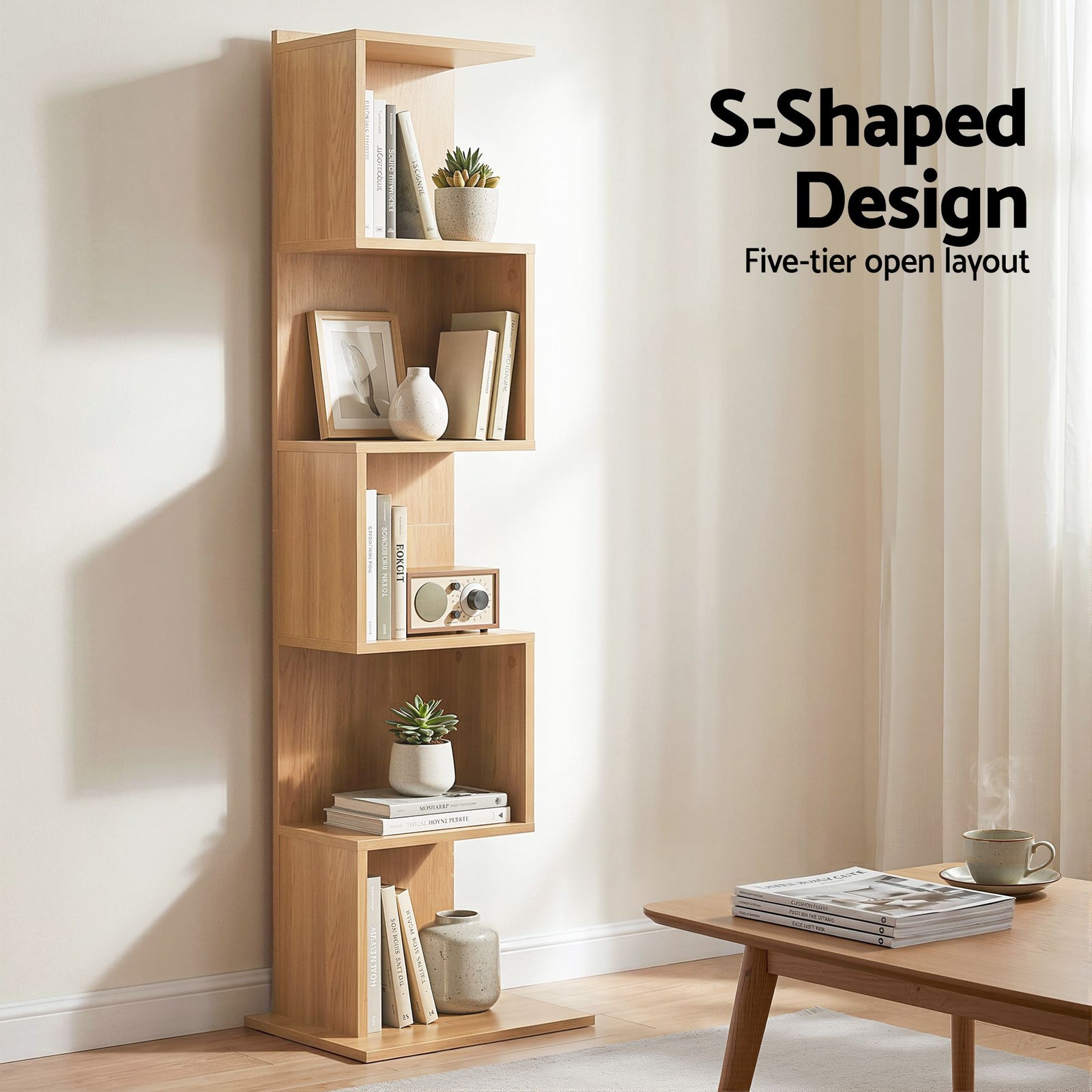 Bookshelf 5‑Tier S‑Shape – Oak Display Shelf, 154cm Storage Unit