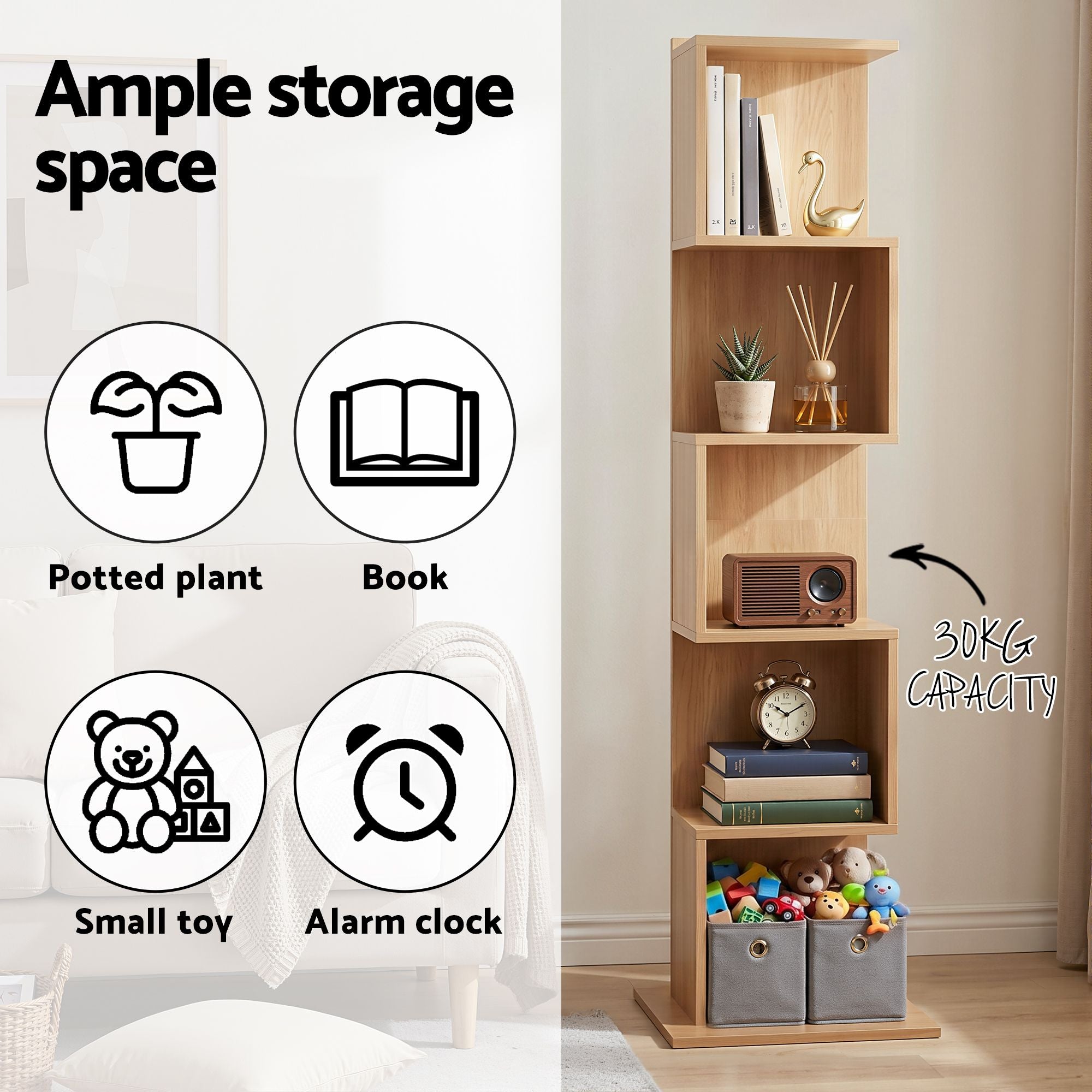 Bookshelf 5‑Tier S‑Shape – Oak Display Shelf, 154cm Storage Unit