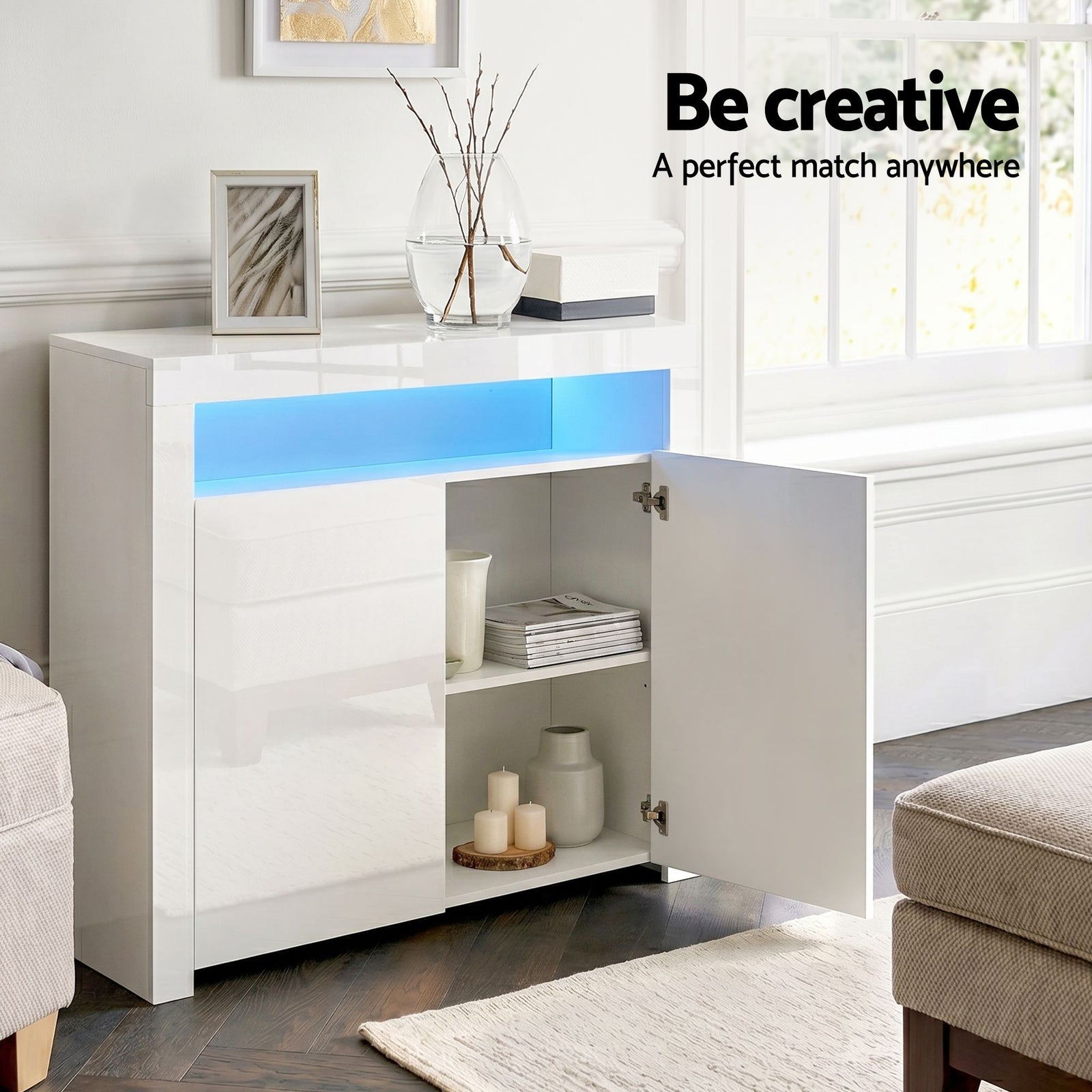 2x Buffet Sideboard Cabinet LED Cupboard High-Gloss Storage Pantry ARNO