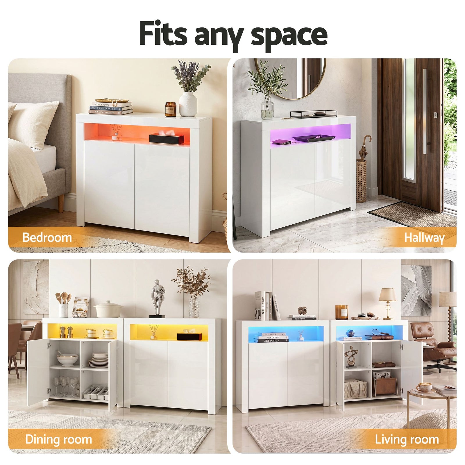 2x Buffet Sideboard Cabinet LED Cupboard High-Gloss Storage Pantry ARNO