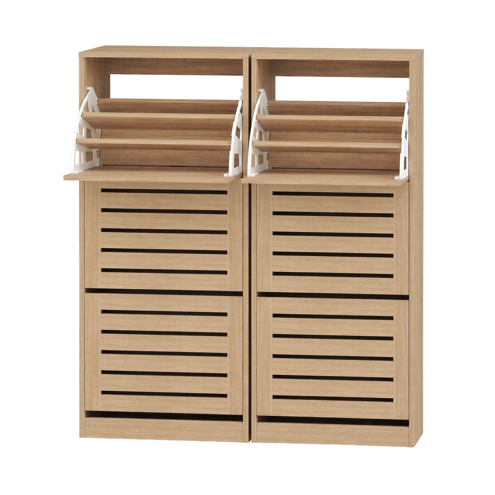 2‑Pack Shoe Cabinets – 3 Flip Drawers, Slatted Doors, Pine Finish
