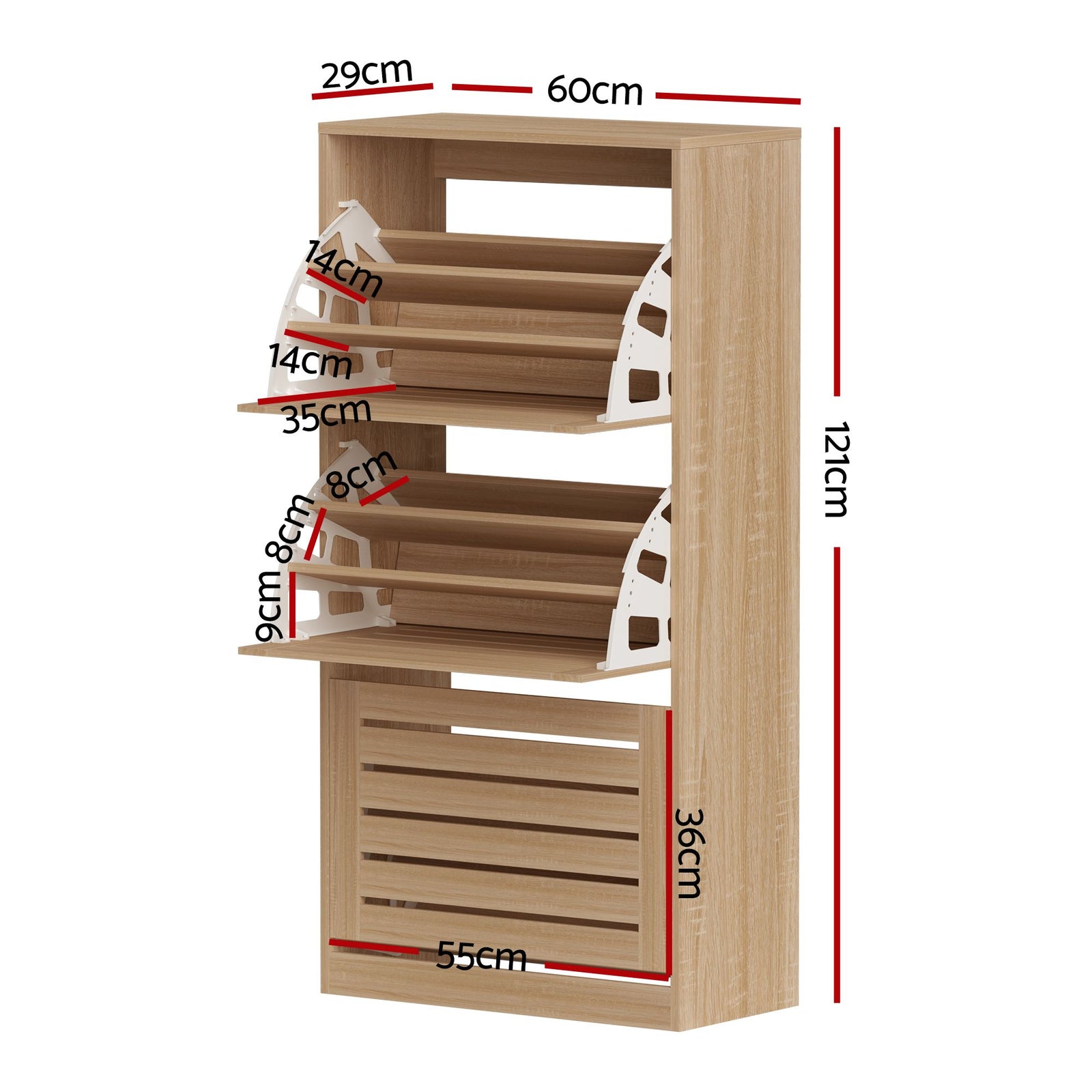 2‑Pack Shoe Cabinets – 3 Flip Drawers, Slatted Doors, Pine Finish