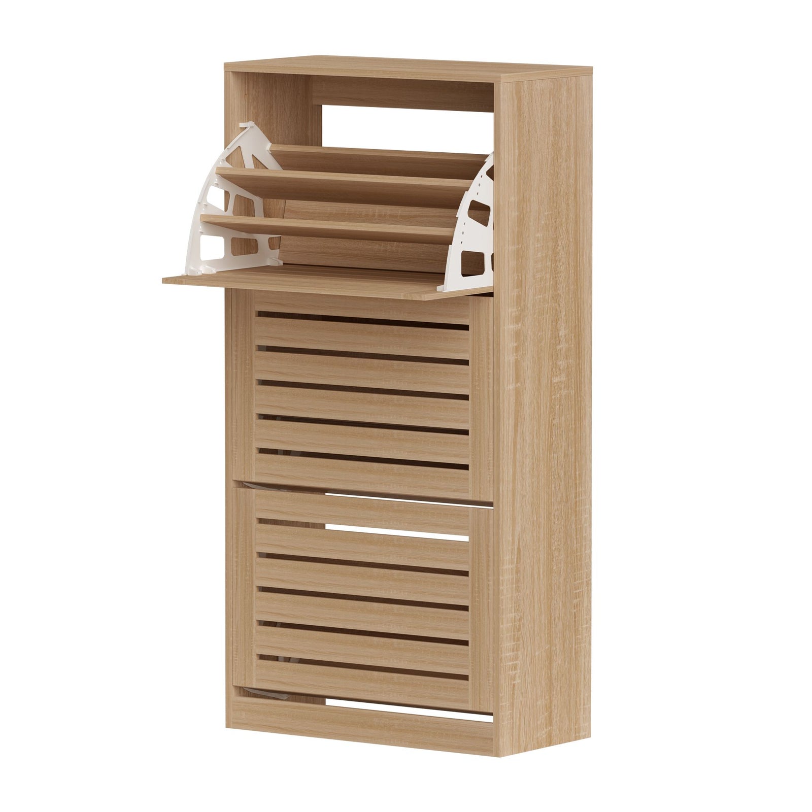 2‑Pack Shoe Cabinets – 3 Flip Drawers, Slatted Doors, Pine Finish
