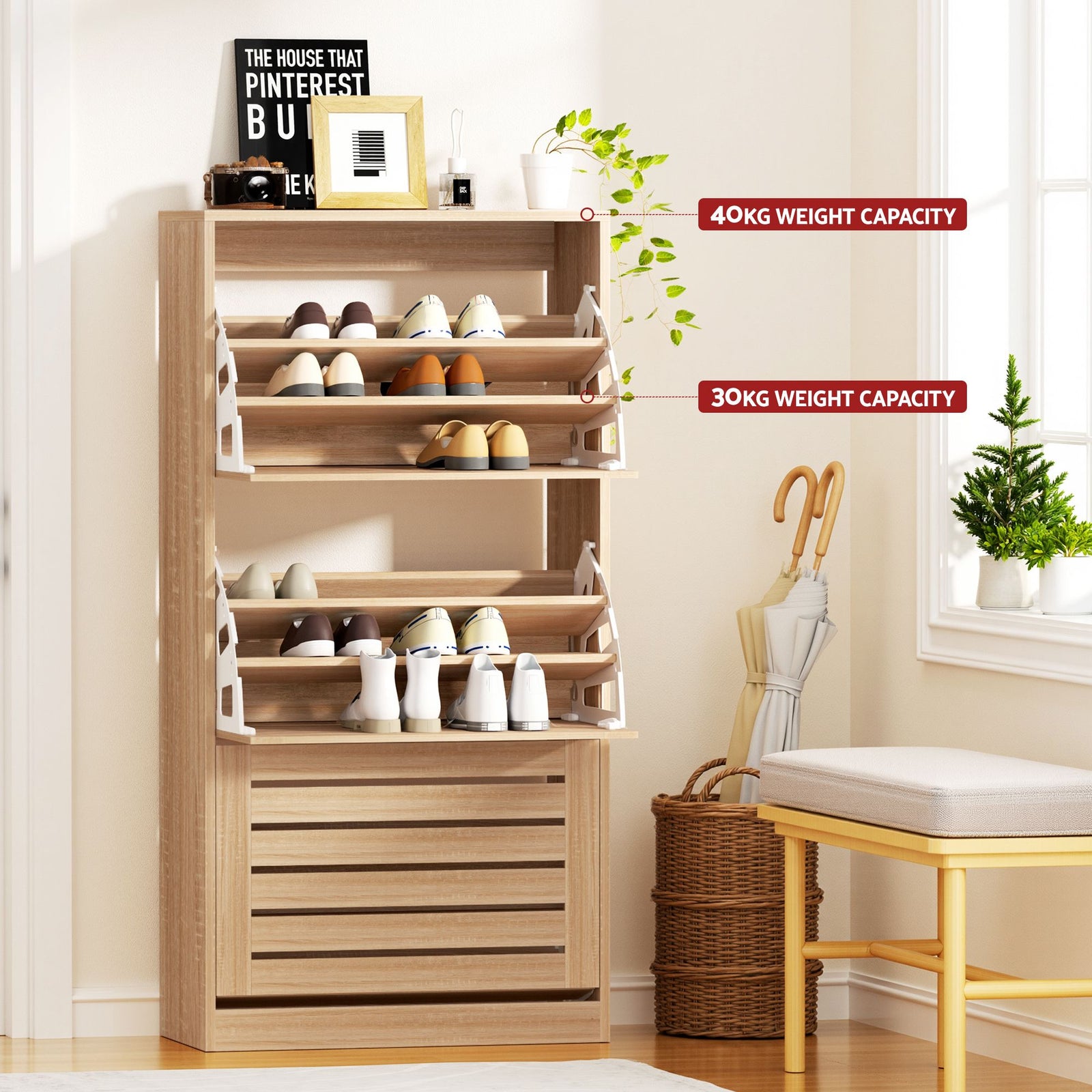 2‑Pack Shoe Cabinets – 3 Flip Drawers, Slatted Doors, Pine Finish