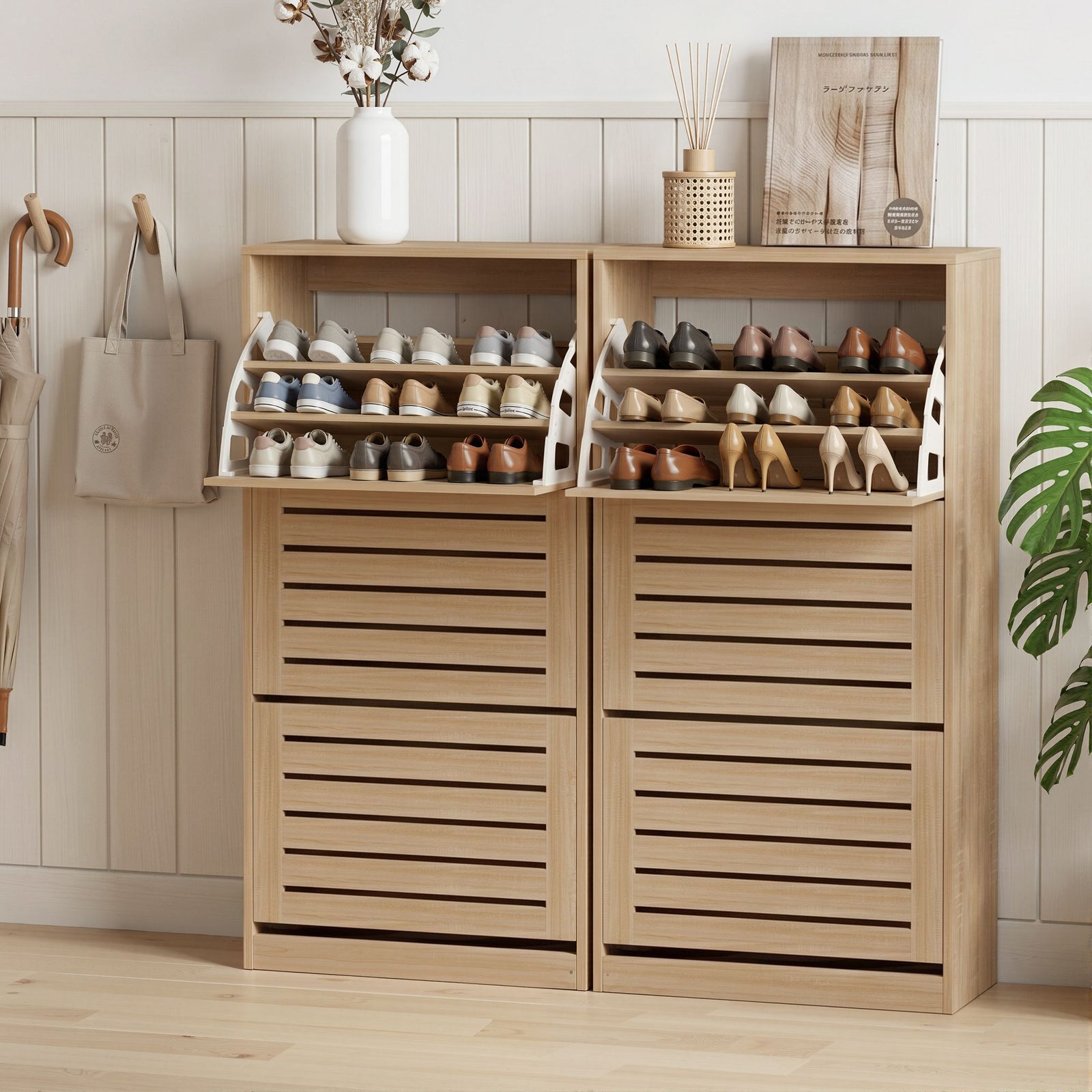 2‑Pack Shoe Cabinets – 3 Flip Drawers, Slatted Doors, Pine Finish