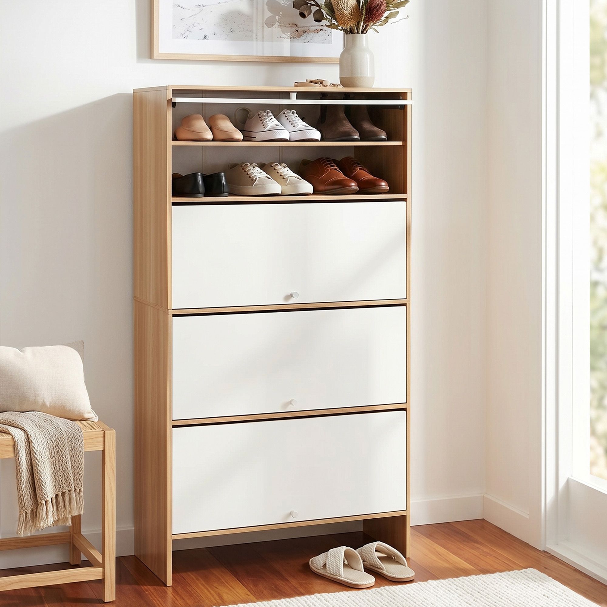 Narrow Shoe Cabinet 8‑Tier – White & Pine, Flip‑Door, Adjustable Shelves