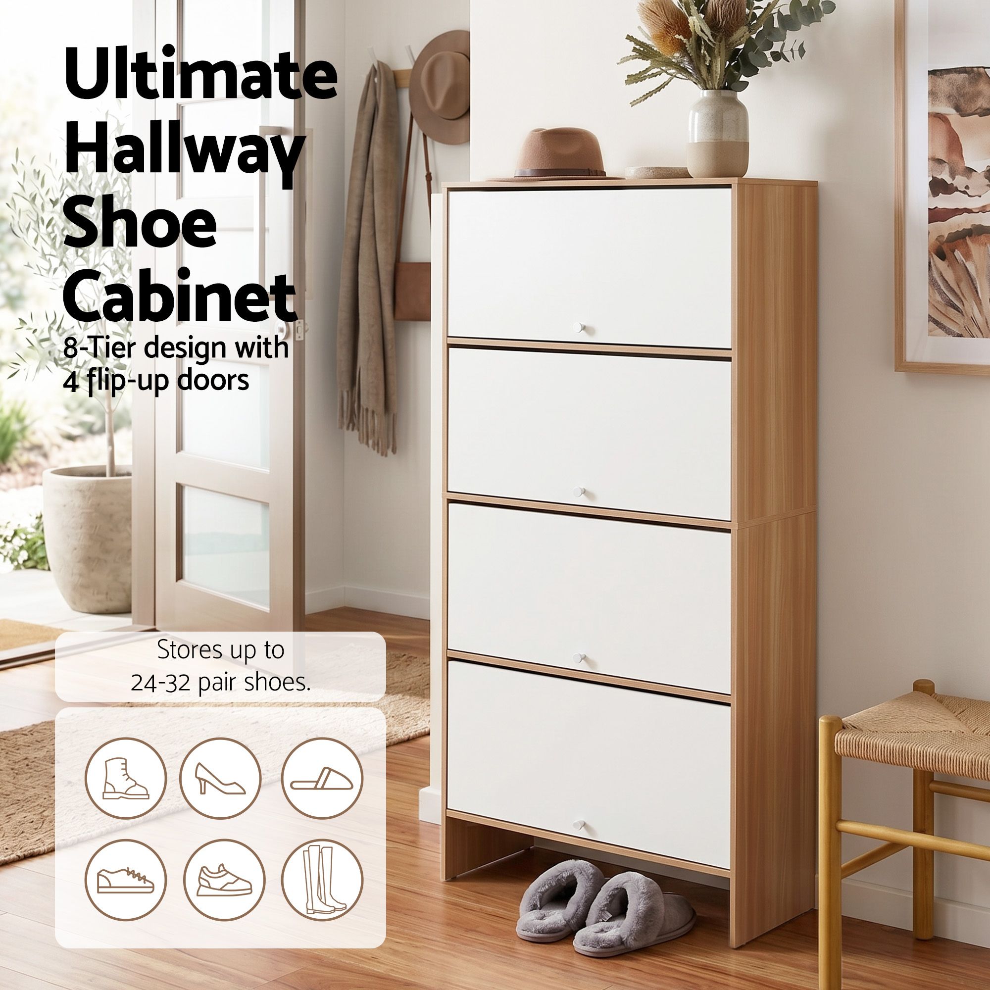 Narrow Shoe Cabinet 8‑Tier – White & Pine, Flip‑Door, Adjustable Shelves