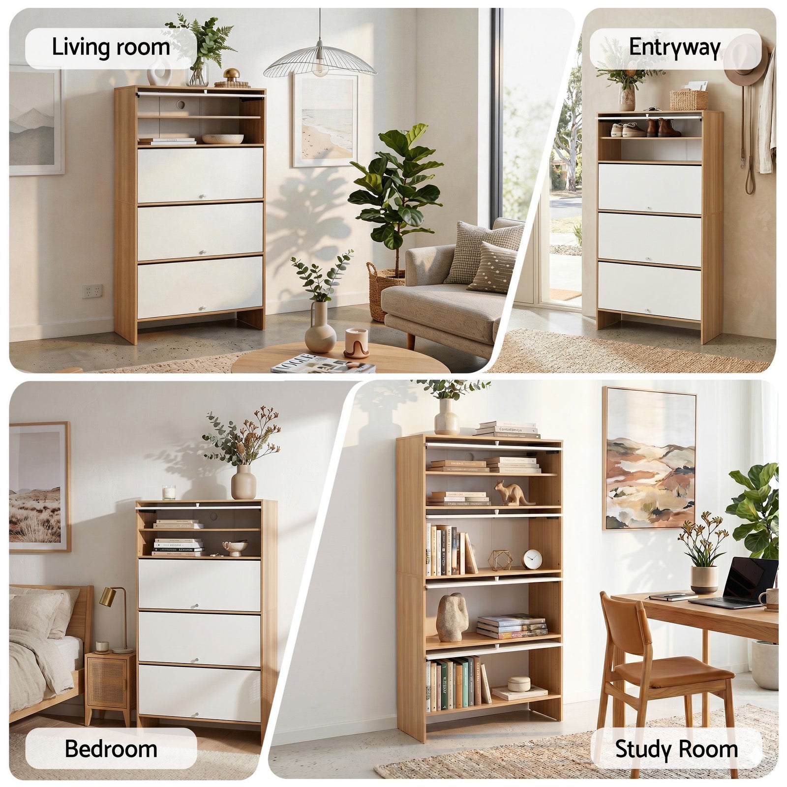 Narrow Shoe Cabinet 8‑Tier – White & Pine, Flip‑Door, Adjustable Shelves