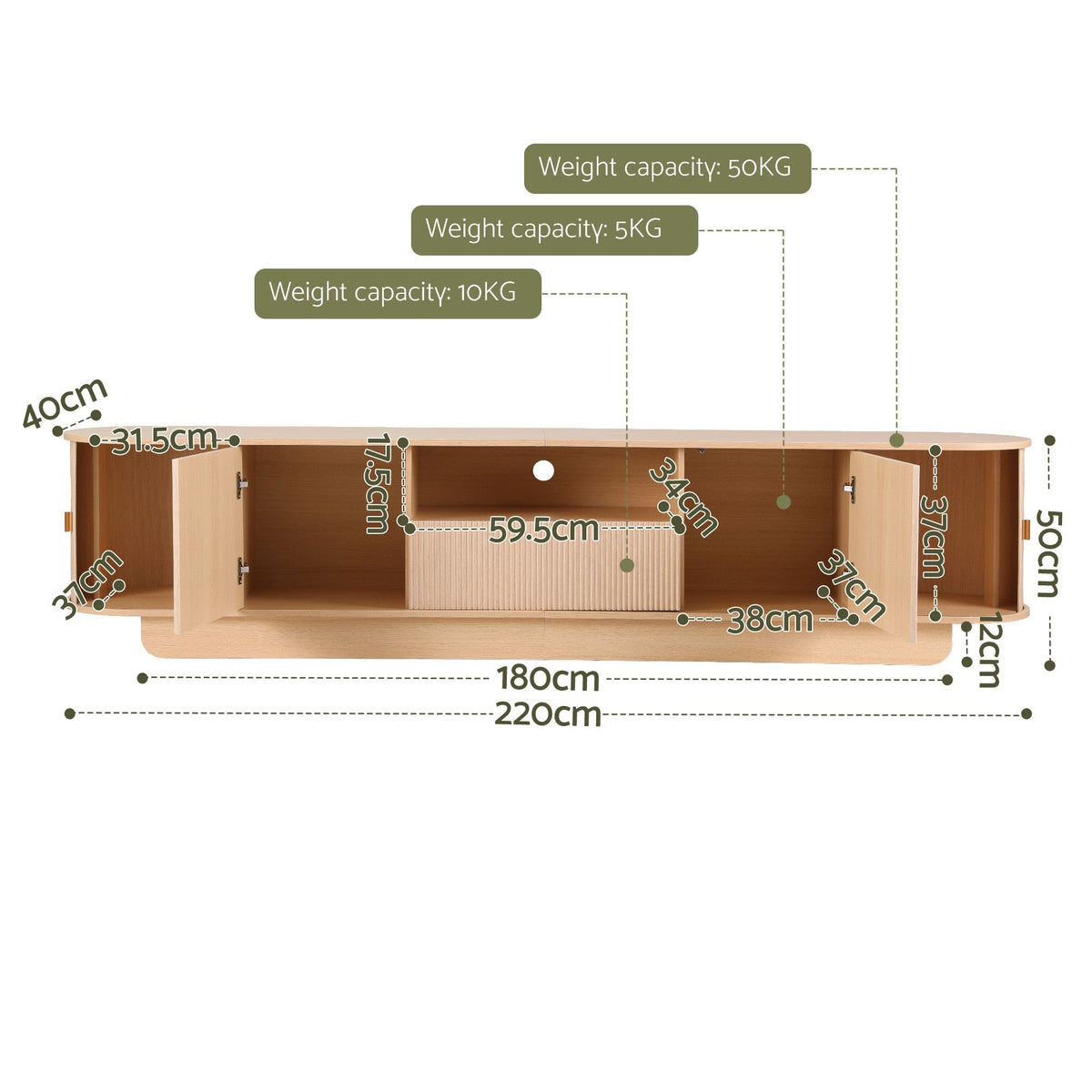 220cm Fluted TV Entertainment Unit, Fits Up to 98-Inch TVs, Pine
