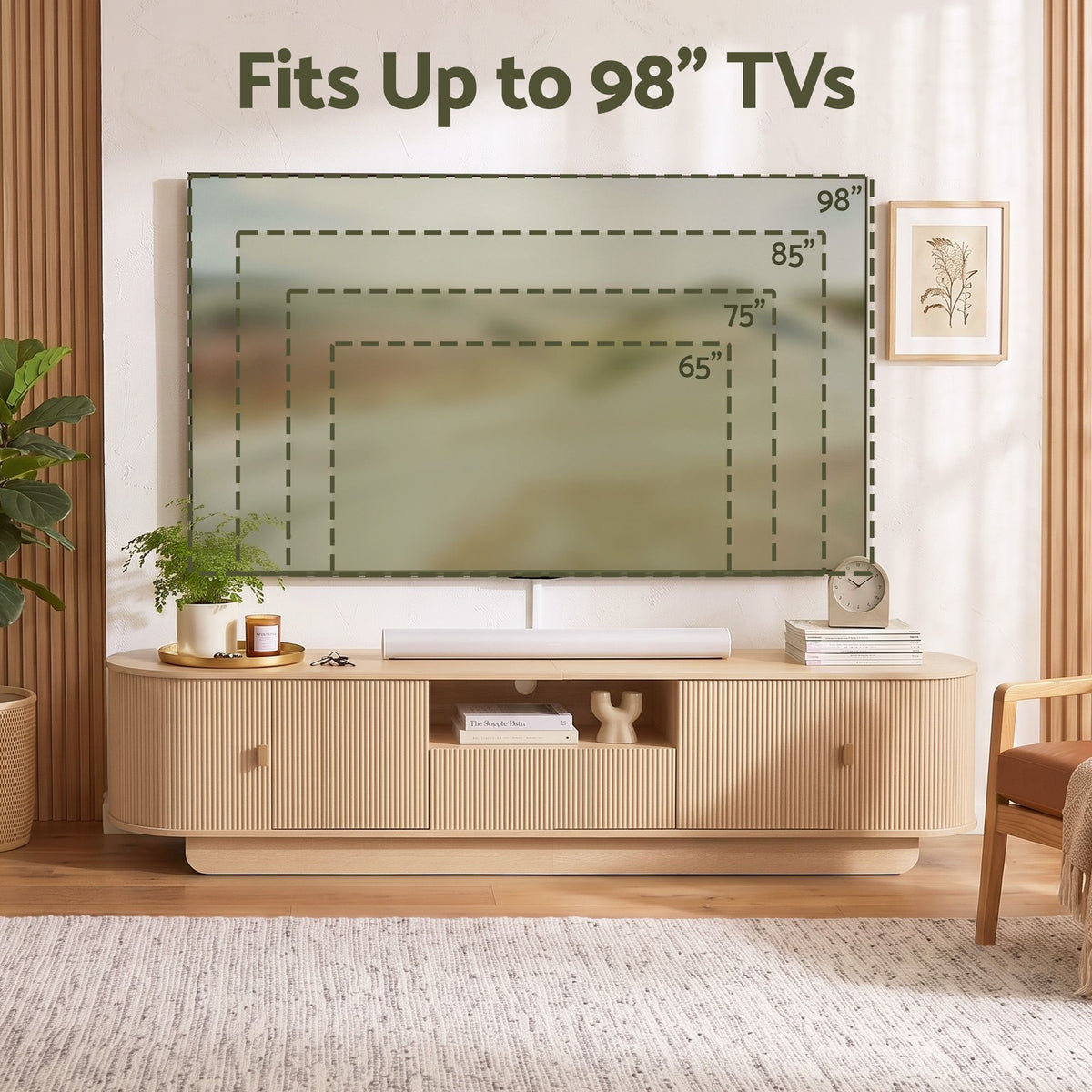 220cm Fluted TV Entertainment Unit, Fits Up to 98-Inch TVs, Pine