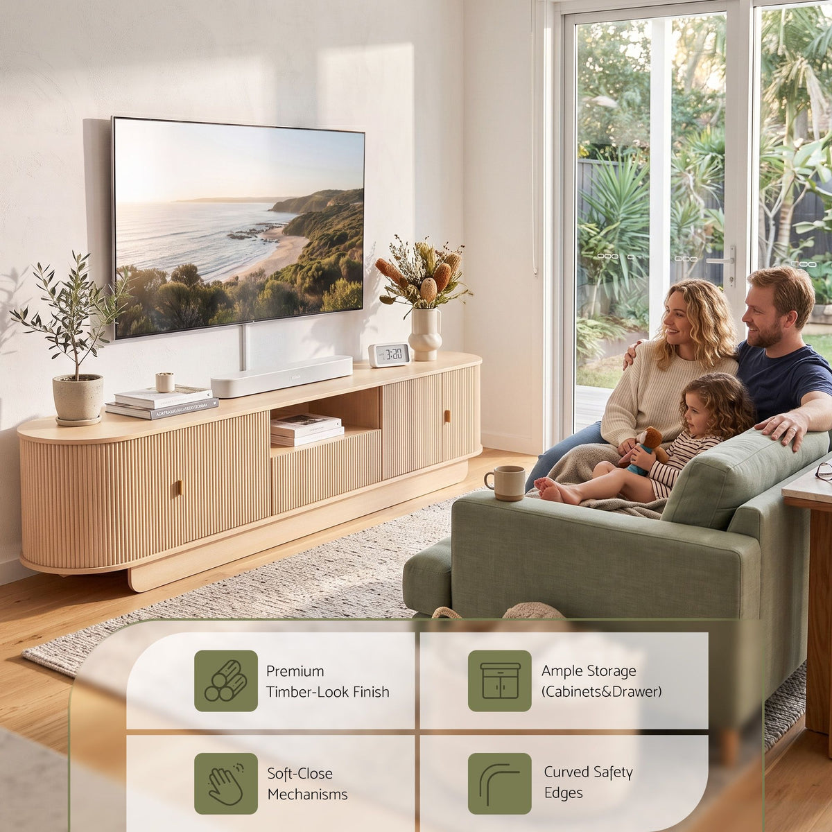 220cm Fluted TV Entertainment Unit, Fits Up to 98-Inch TVs, Pine