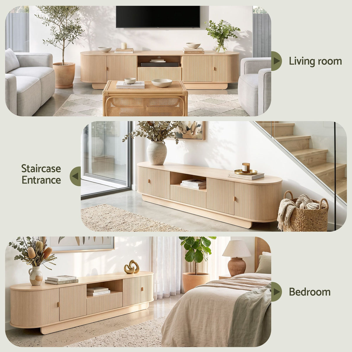 220cm Fluted TV Entertainment Unit, Fits Up to 98-Inch TVs, Pine