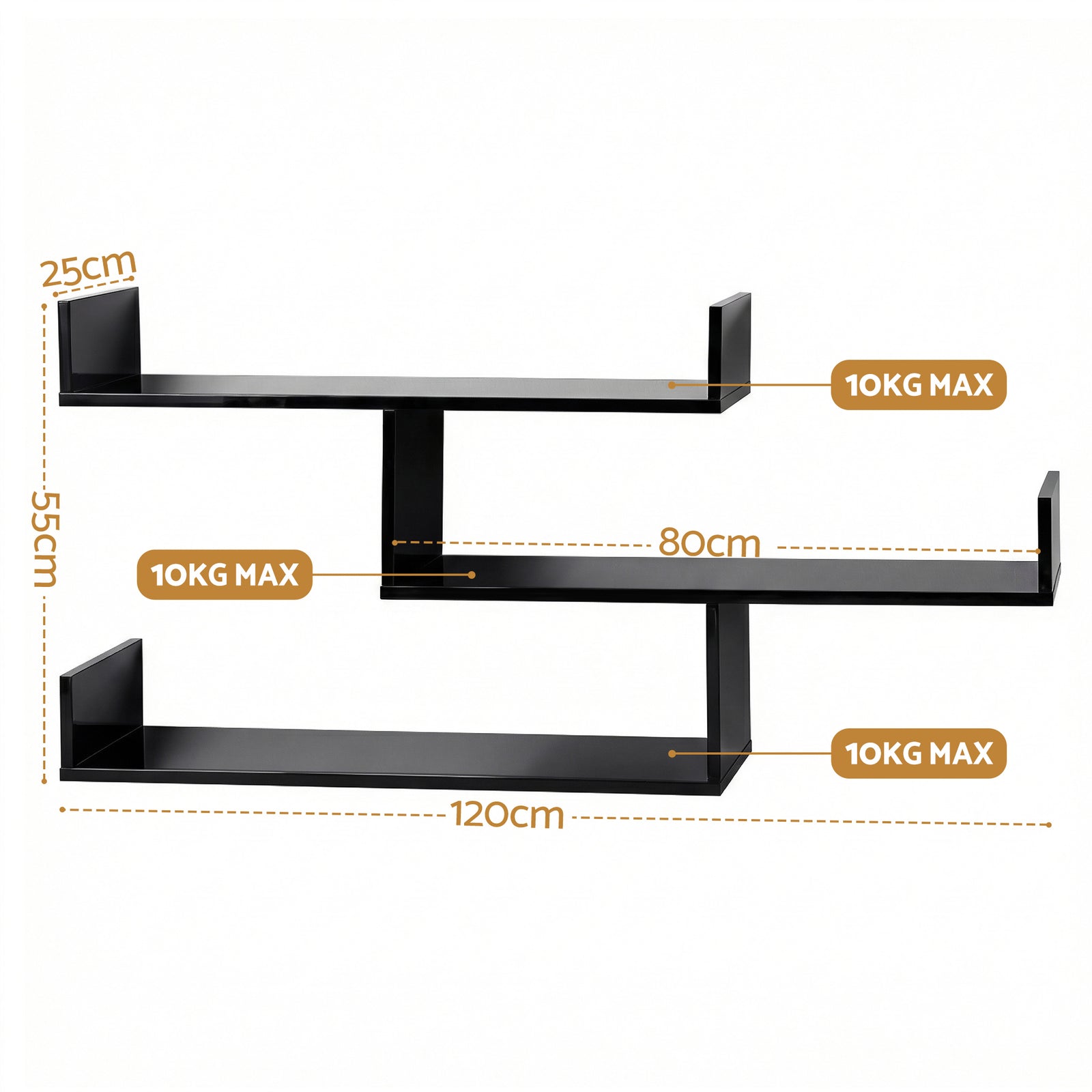 Floating Wall Shelf 3 Tier Black
