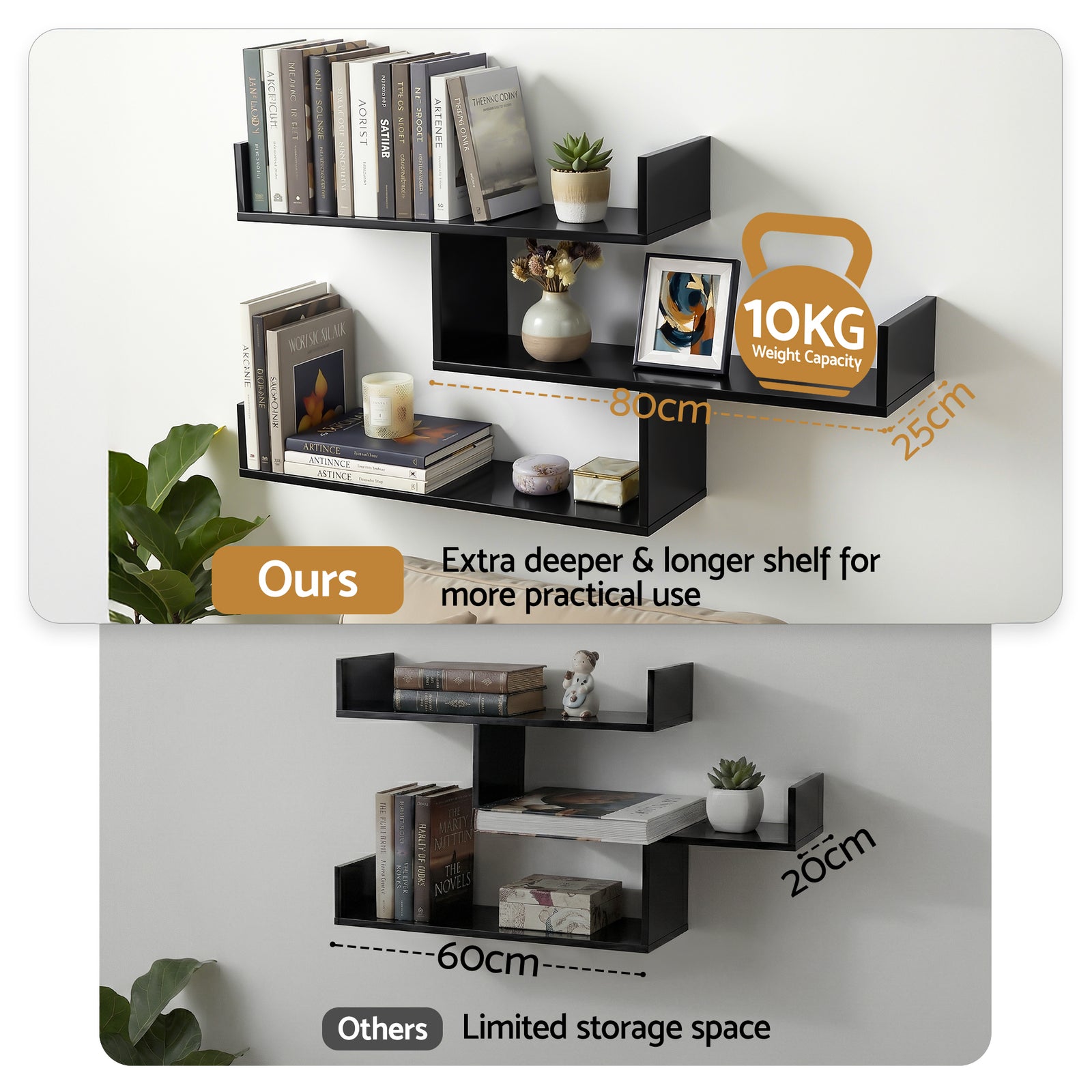 Floating Wall Shelf 3 Tier Black