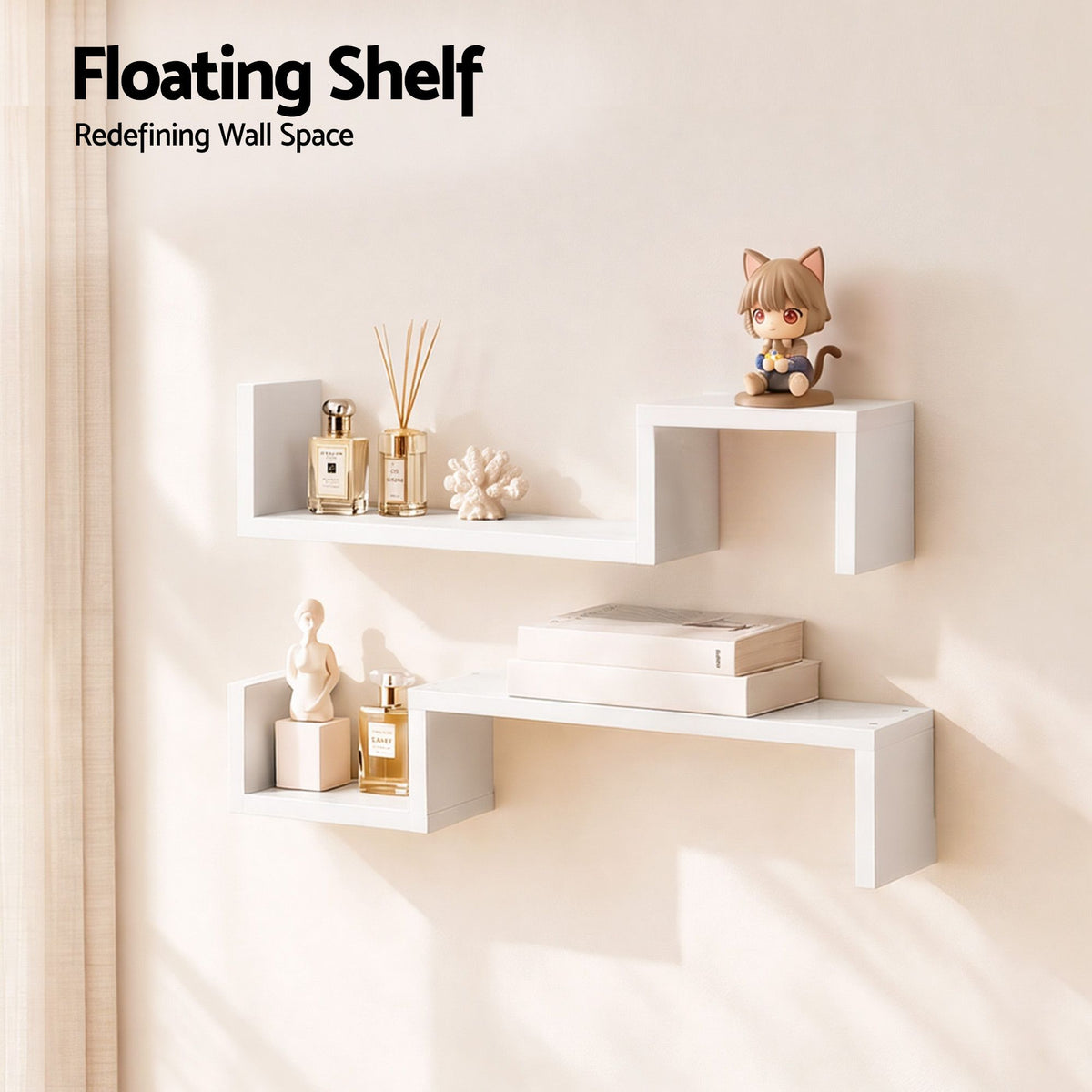 Artiss Set of 2 Floating Shelves Wall Mounted S-Shape Display Ledge, White