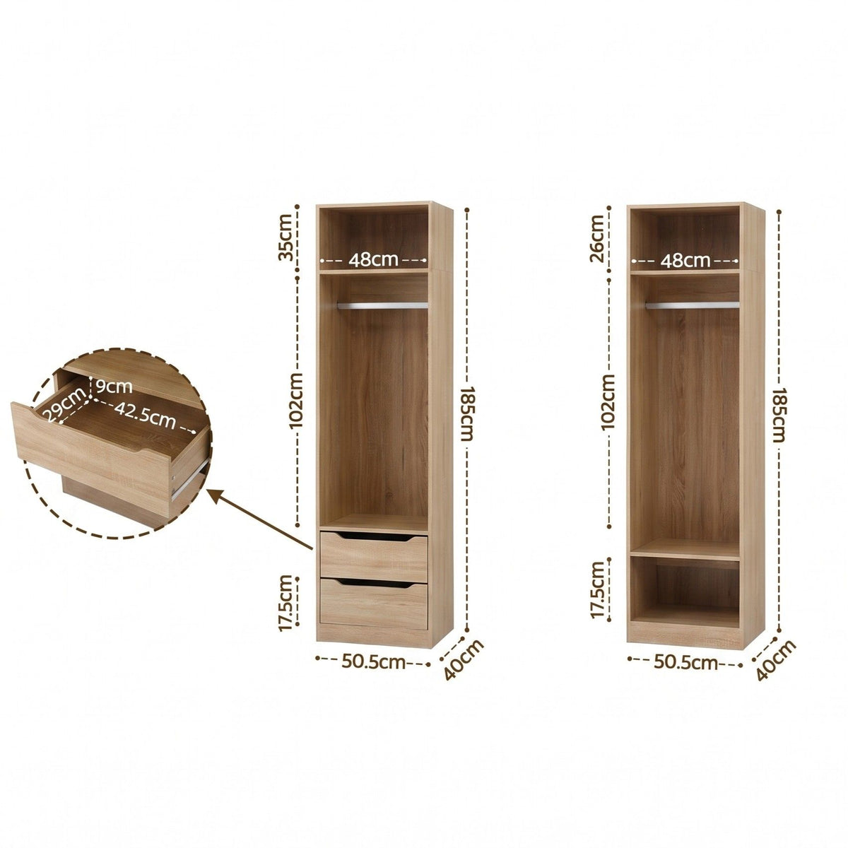 Artiss 2 Piece Wardrobe Set Clothes Closet Organiser Shelves Drawers 185cm Pine