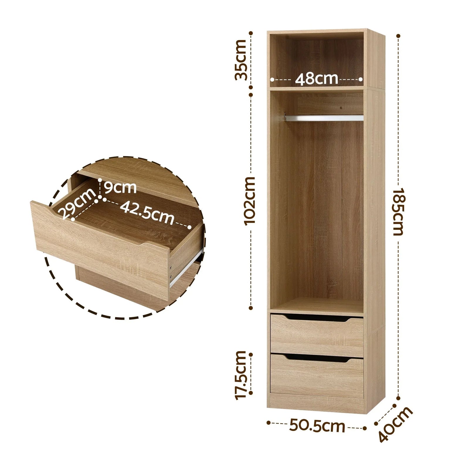 Wardrobe Closet – Pine 185cm Storage Organizer w/ Drawers & Hanging Rod