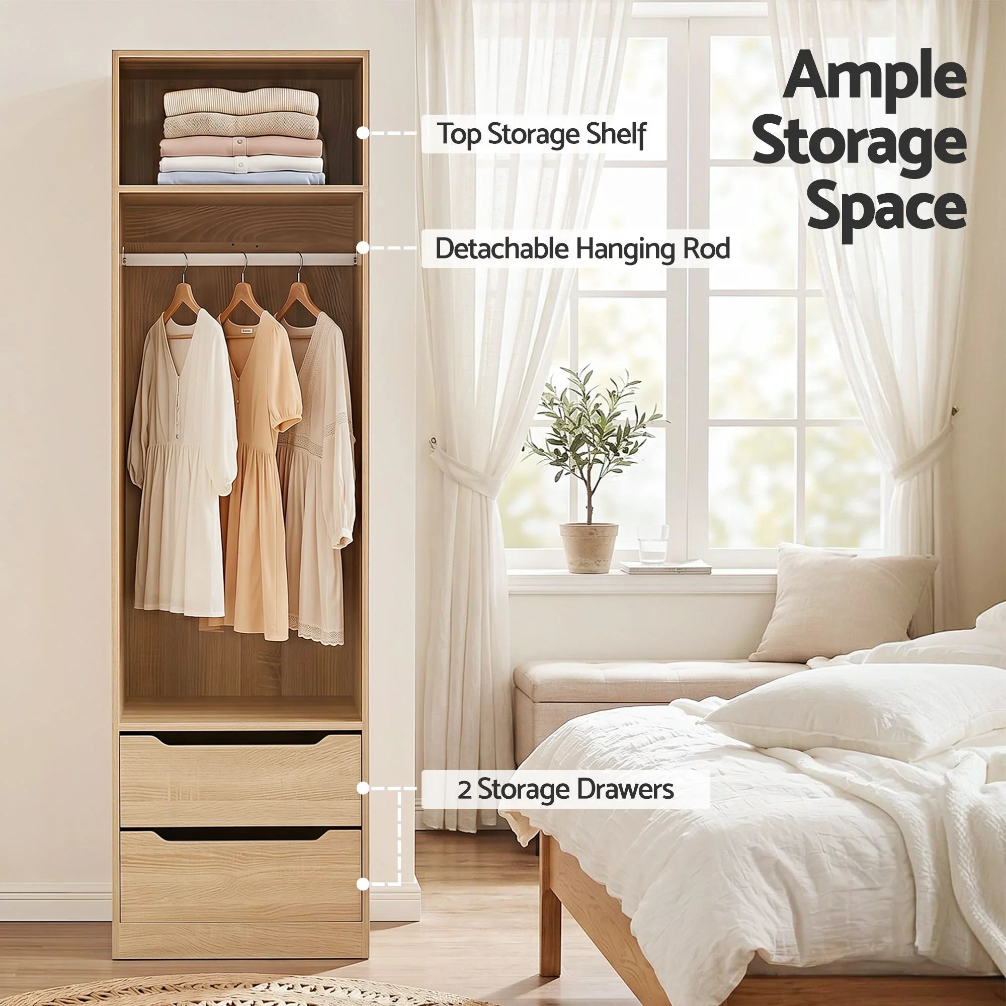Wardrobe Closet – Pine 185cm Storage Organizer w/ Drawers & Hanging Rod