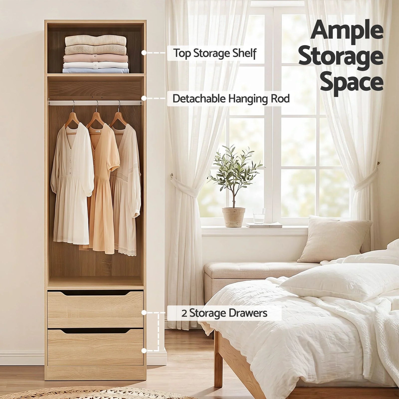 Wardrobe Closet – Pine 185cm Storage Organizer w/ Drawers & Hanging Rod