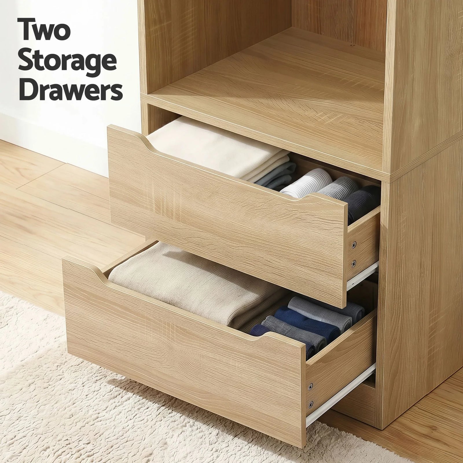 Wardrobe Closet – Pine 185cm Storage Organizer w/ Drawers & Hanging Rod