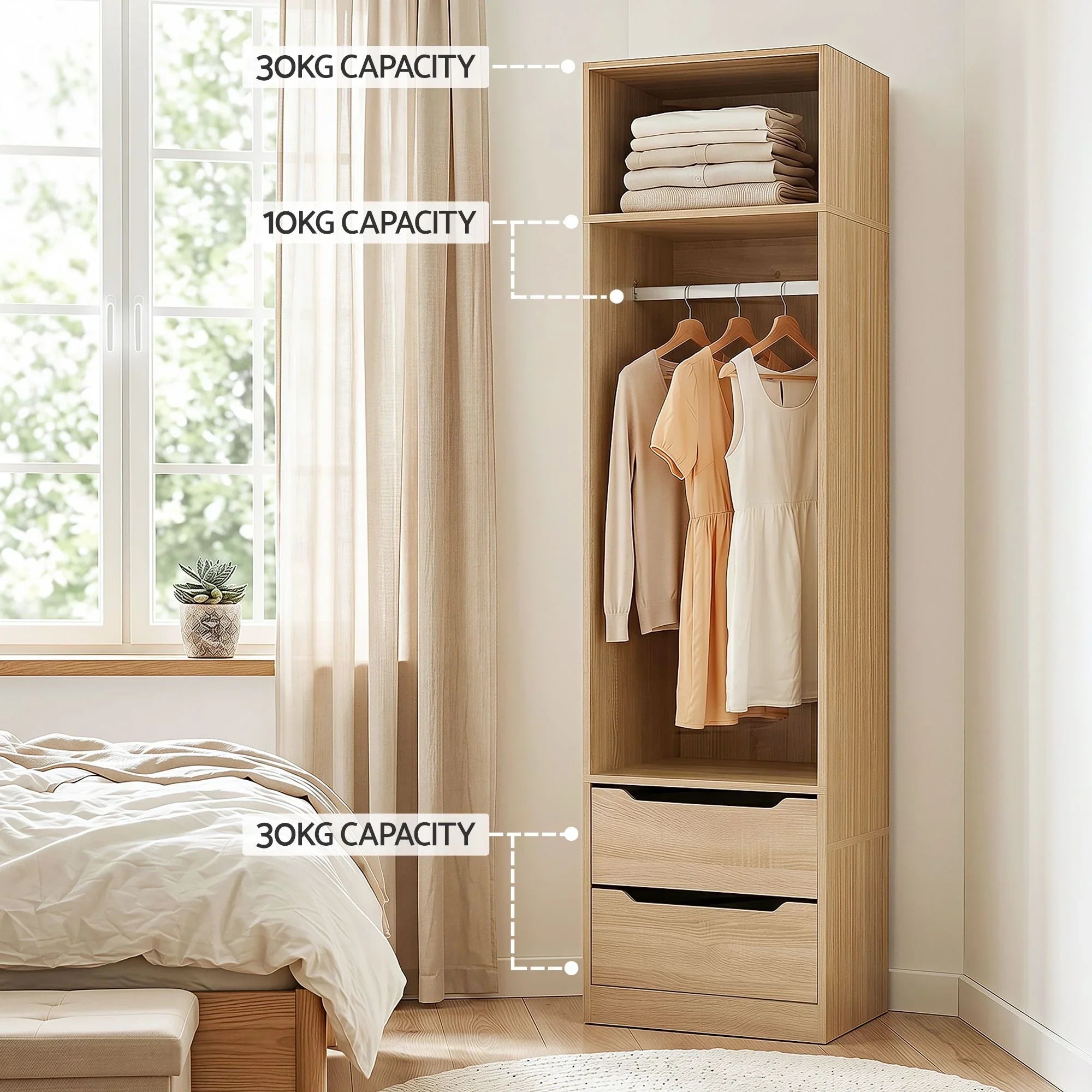 Wardrobe Closet – Pine 185cm Storage Organizer w/ Drawers & Hanging Rod