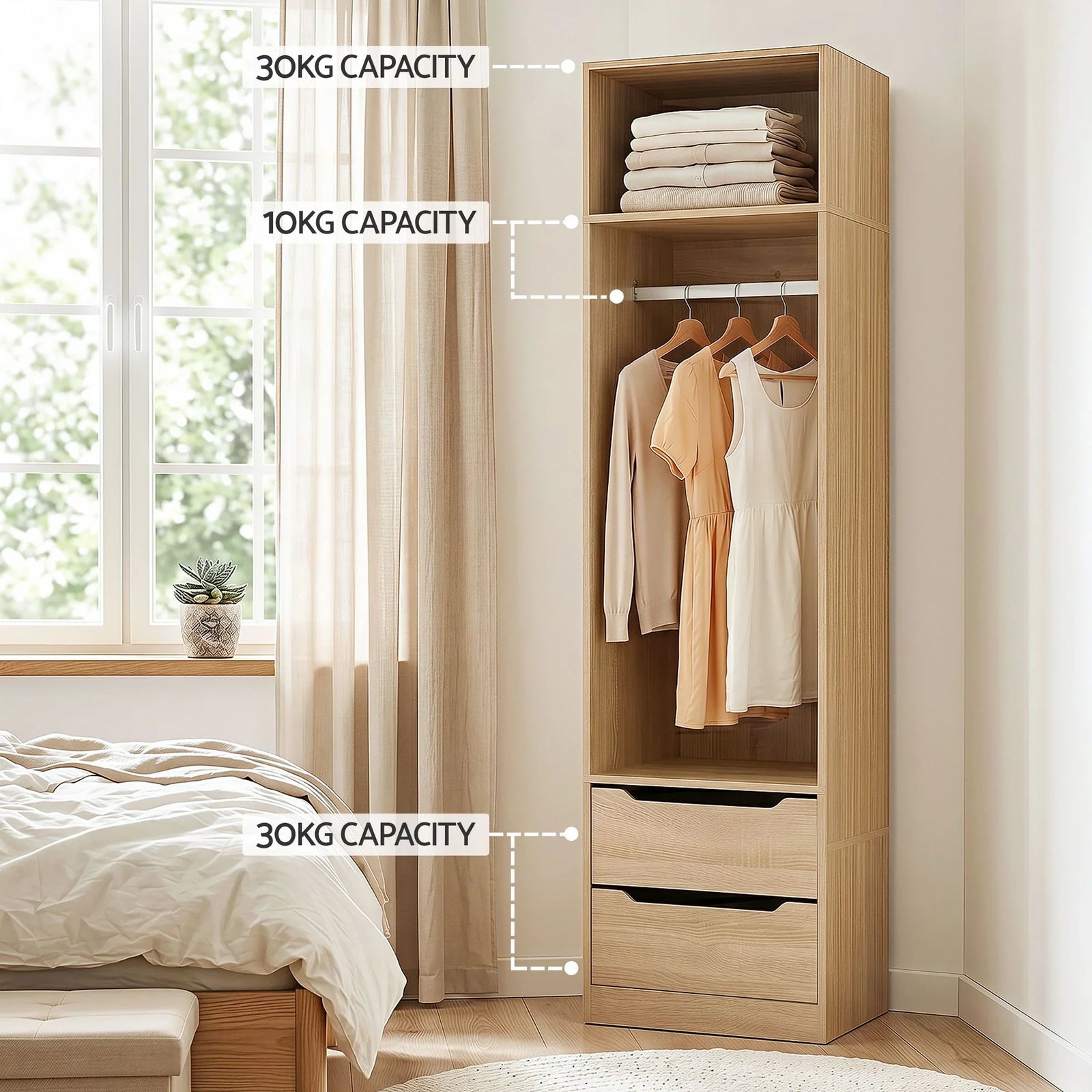 Wardrobe Closet – Pine 185cm Storage Organizer w/ Drawers & Hanging Rod