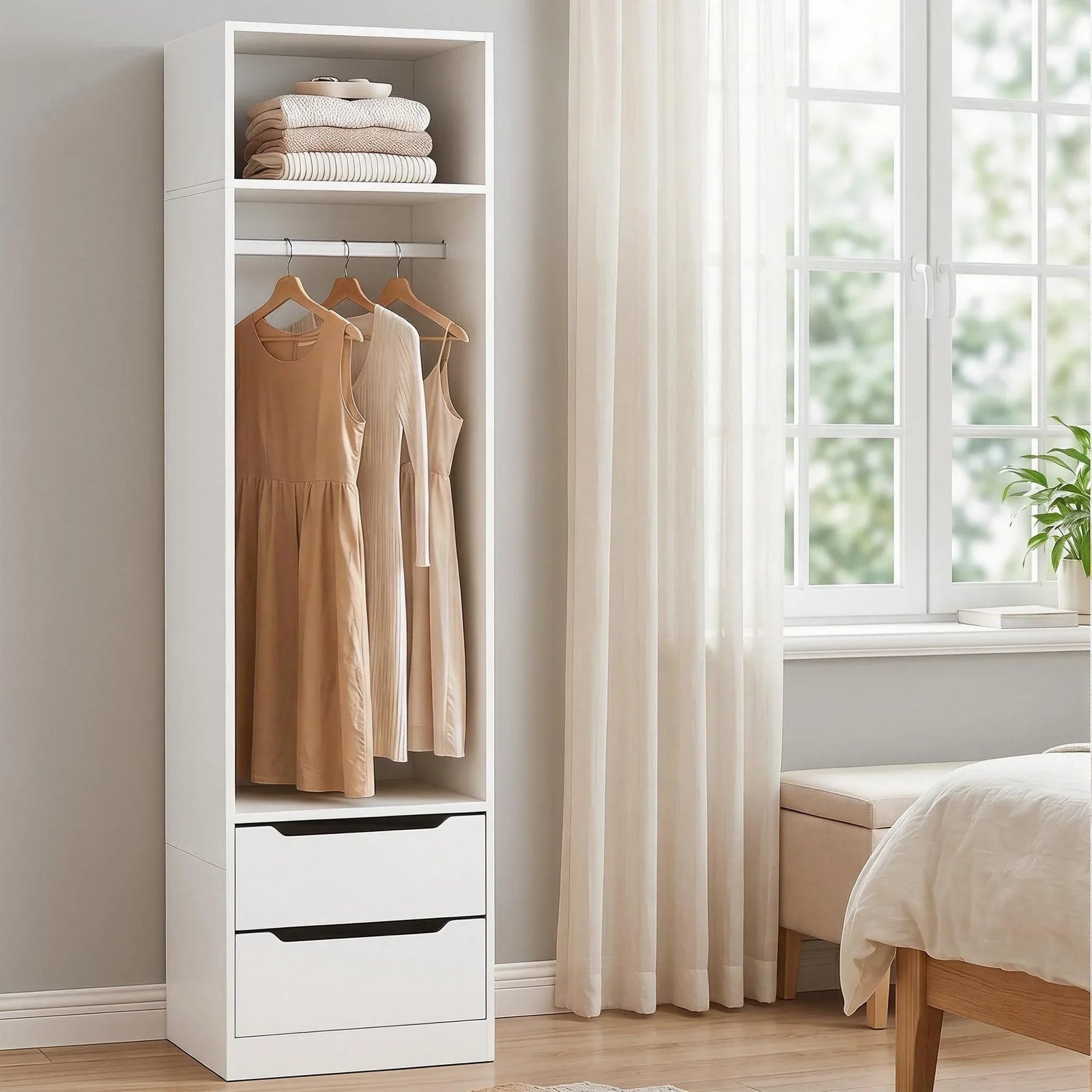 Wardrobe Closet White – 2 Drawers, Hanging Rod, Shelf, 185cm