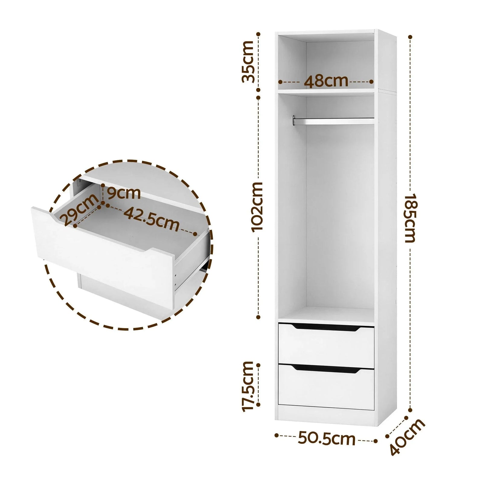 Wardrobe Closet White – 2 Drawers, Hanging Rod, Shelf, 185cm
