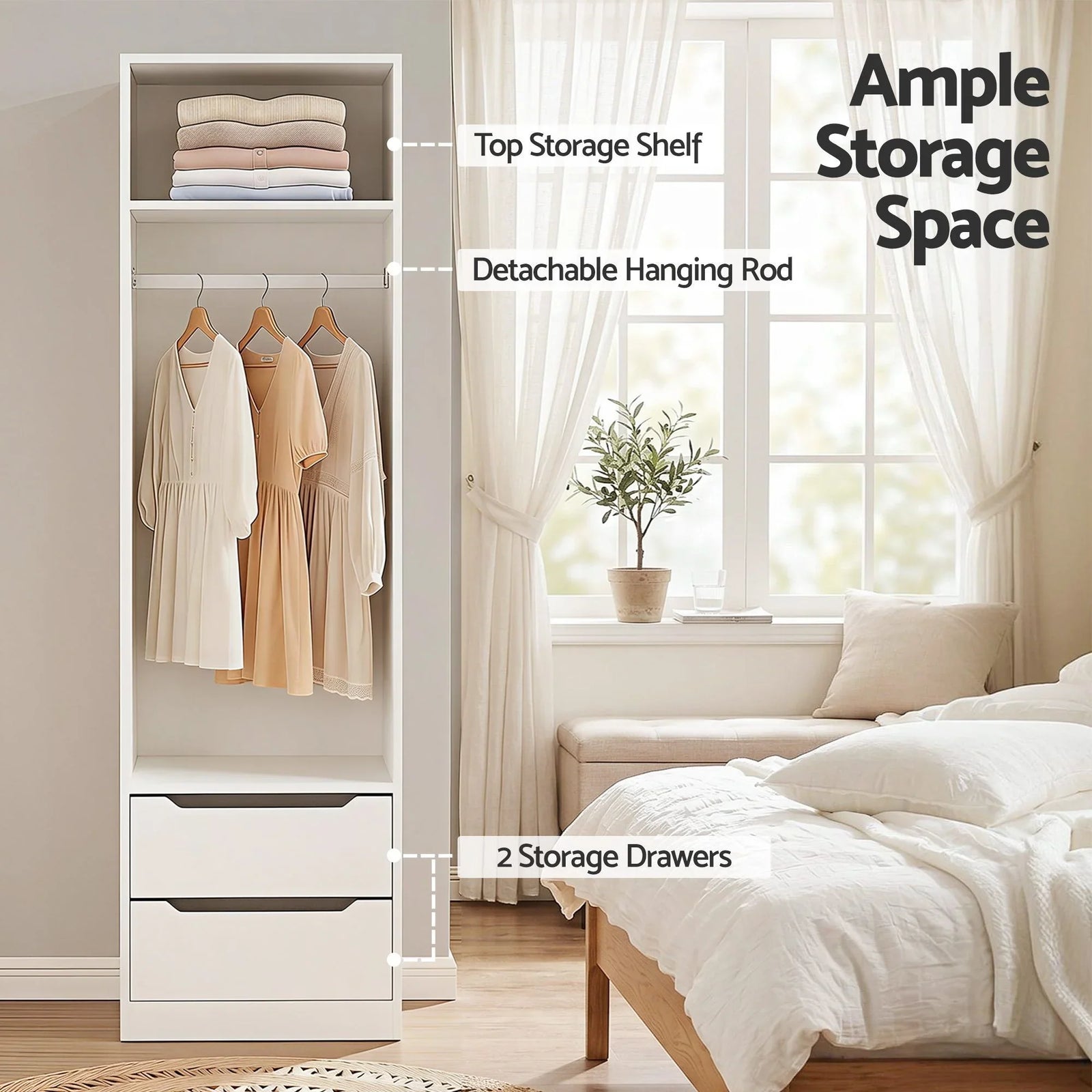 Wardrobe Closet White – 2 Drawers, Hanging Rod, Shelf, 185cm