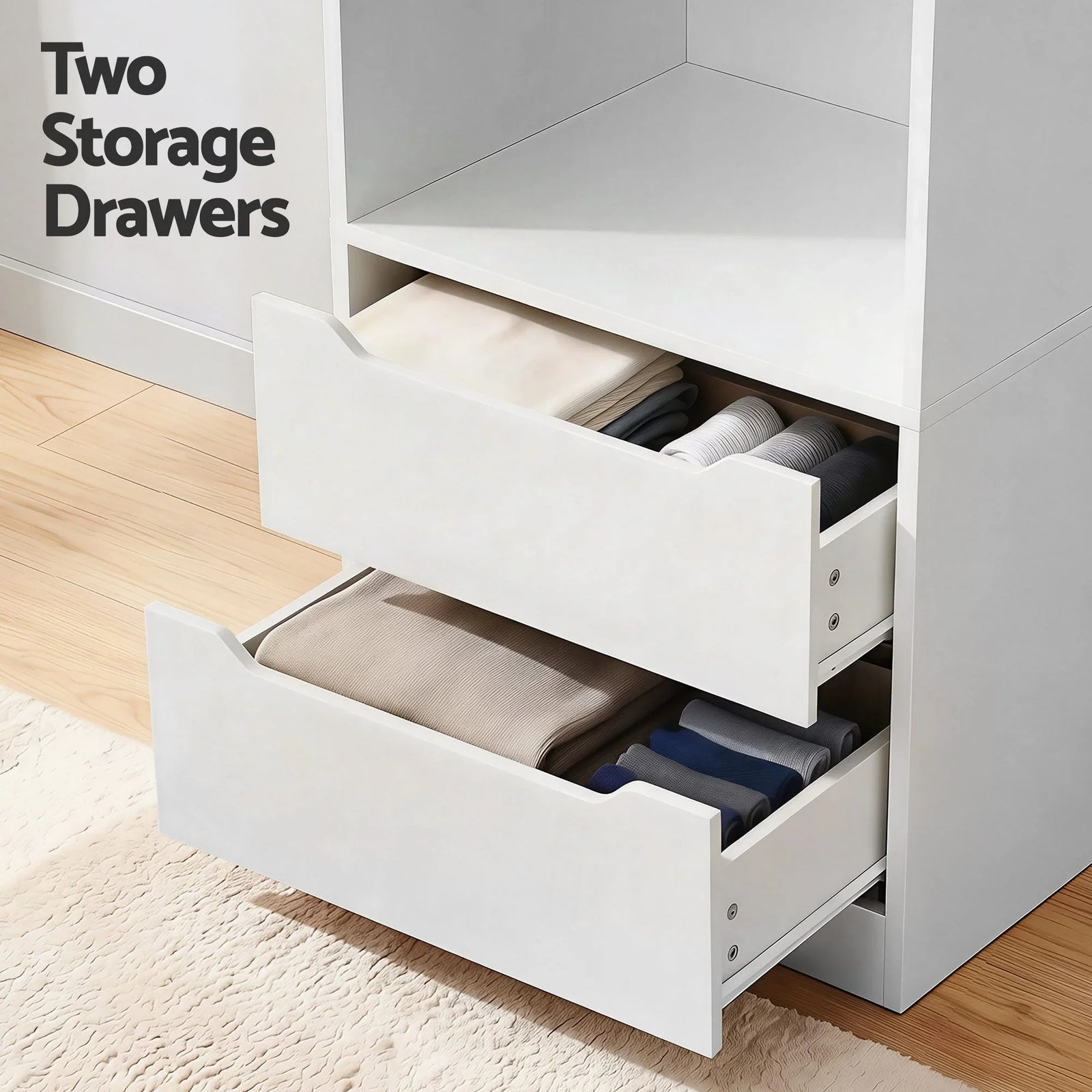 Wardrobe Closet White – 2 Drawers, Hanging Rod, Shelf, 185cm