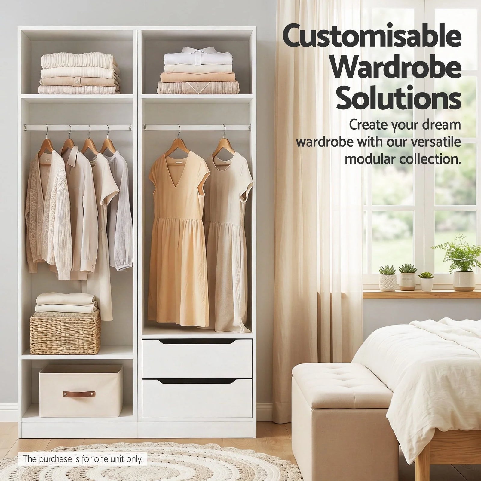 Wardrobe Closet White – 2 Drawers, Hanging Rod, Shelf, 185cm