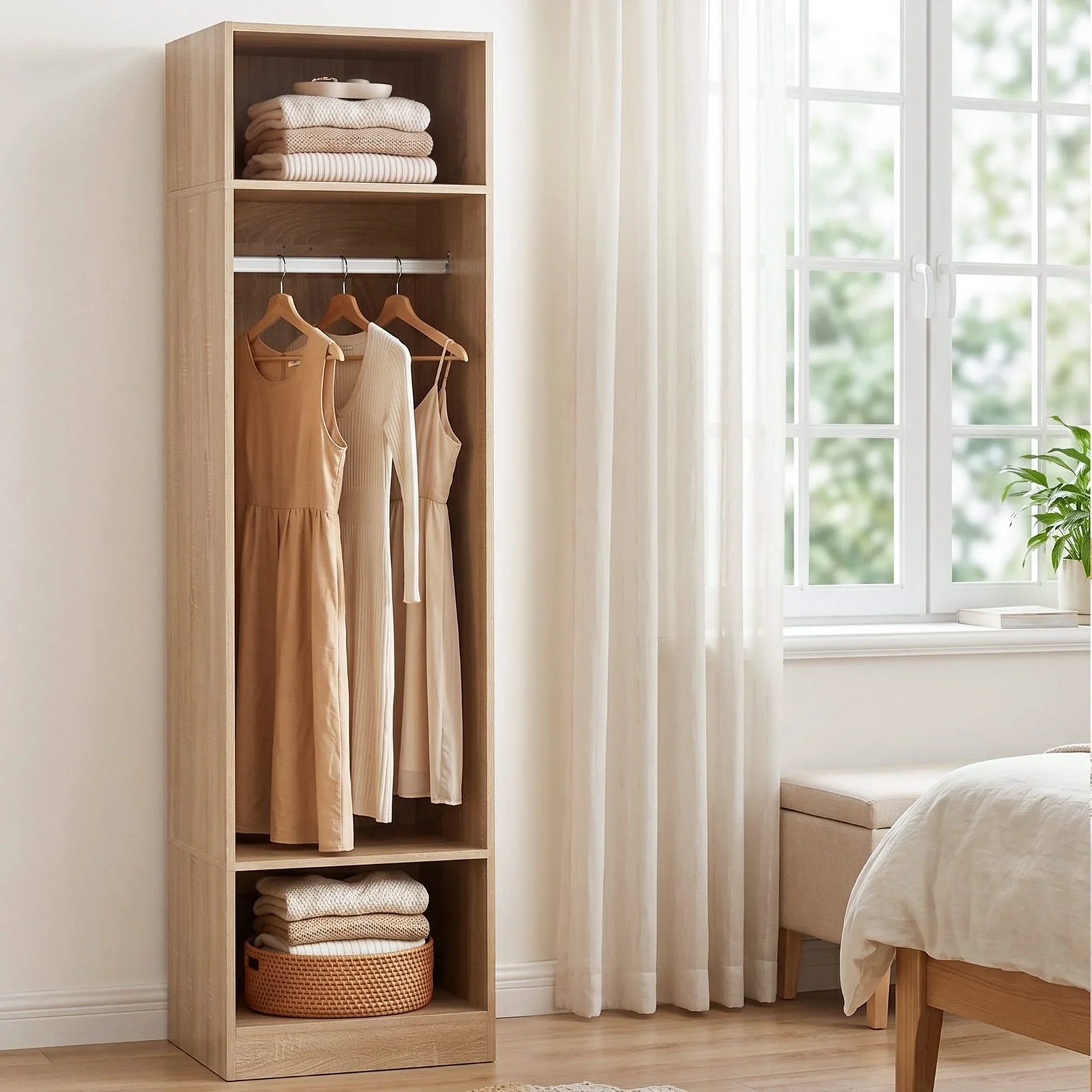 Wardrobe Closet Pine – 2 Shelves, Hanging Rod, Slim 185cm Storage Unit
