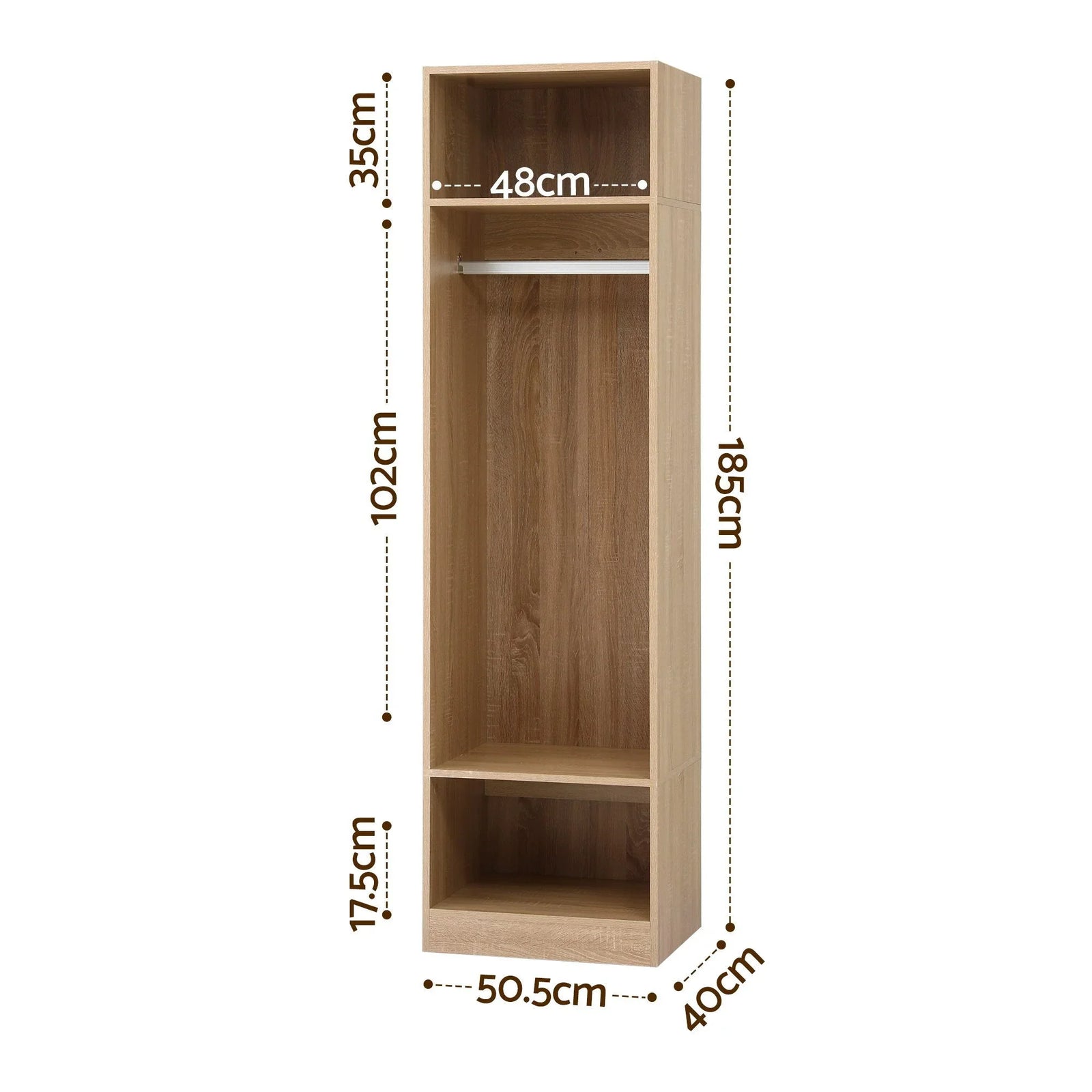 Wardrobe Closet Pine – 2 Shelves, Hanging Rod, Slim 185cm Storage Unit