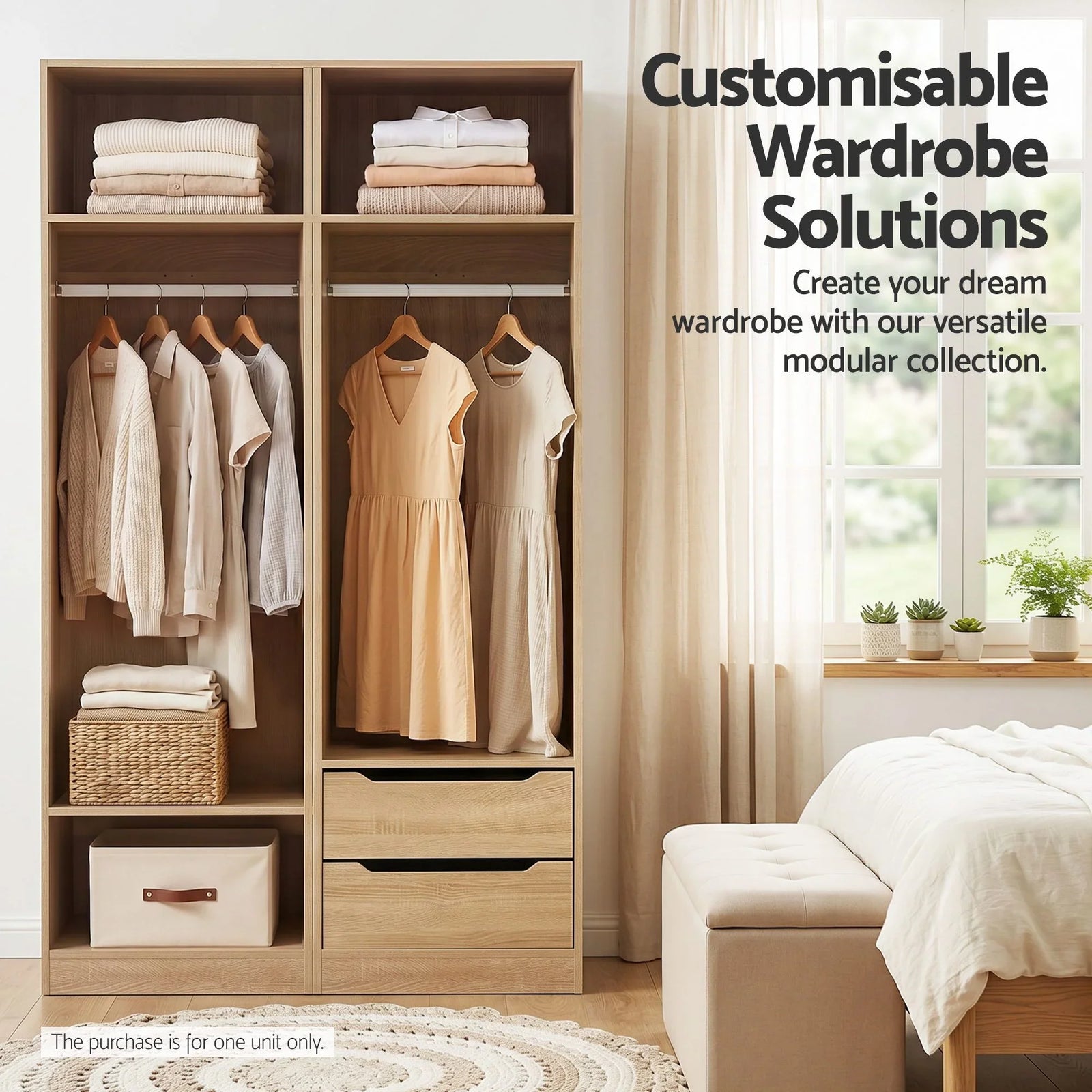 Wardrobe Closet Pine – 2 Shelves, Hanging Rod, Slim 185cm Storage Unit