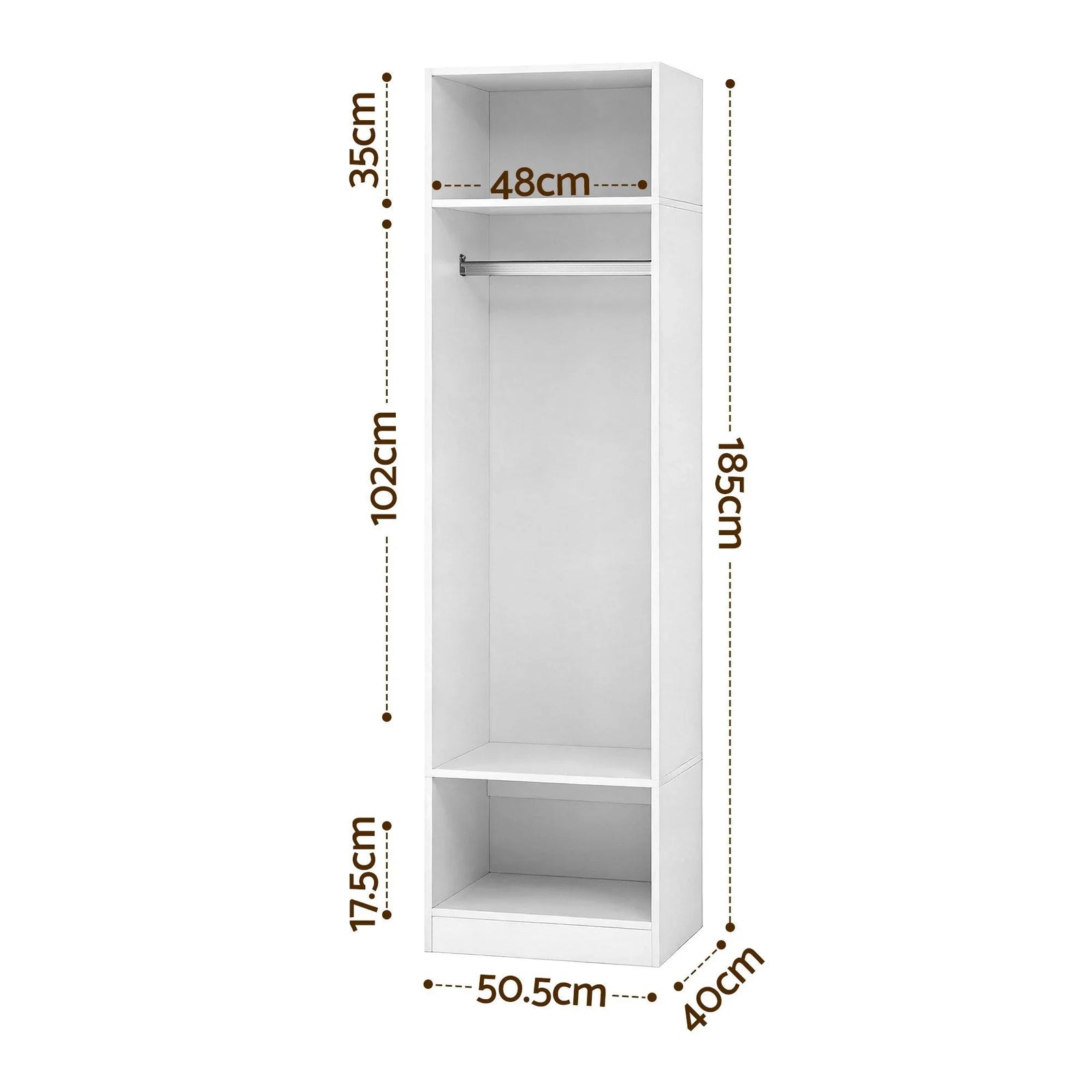 Wardrobe Closet White – 2 Shelves, Hanging Rod, Slim 185cm Storage Unit