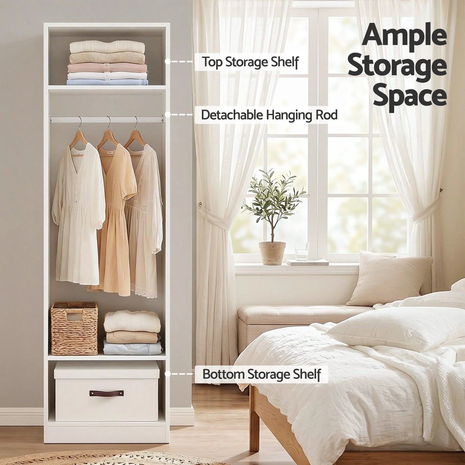 Wardrobe Closet White – 2 Shelves, Hanging Rod, Slim 185cm Storage Unit