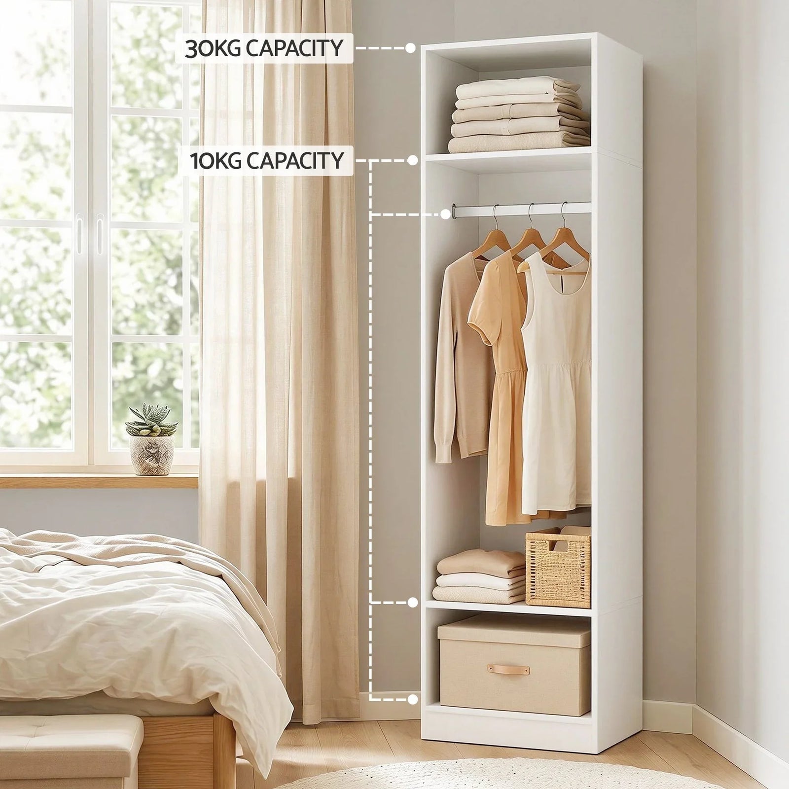 Wardrobe Closet White – 2 Shelves, Hanging Rod, Slim 185cm Storage Unit