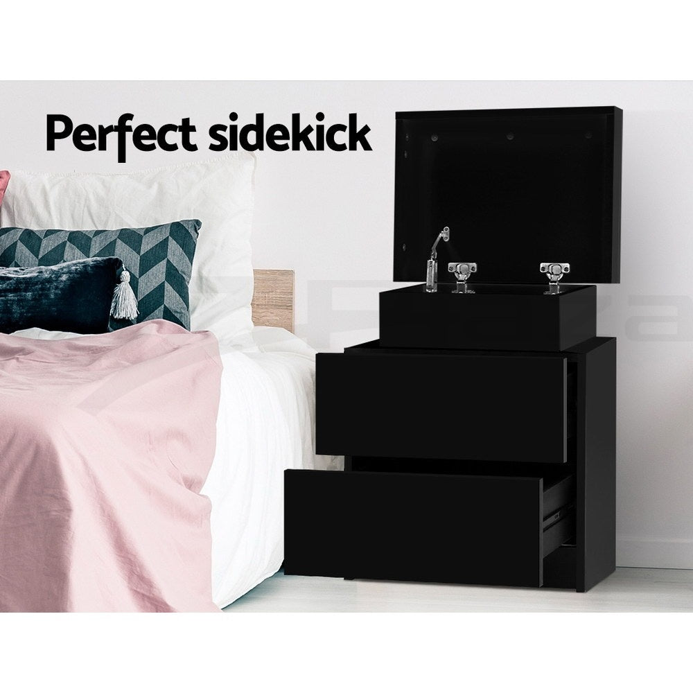 2X Bedside Table 2 Drawers Lift-up Storage Black