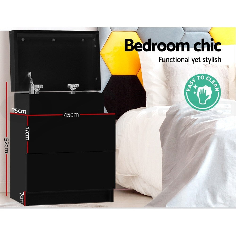 2X Bedside Table 2 Drawers Lift-up Storage Black