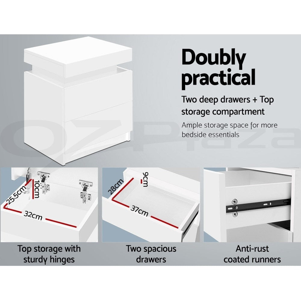 2X Bedside Table 2 Drawers Lift-up Storage White