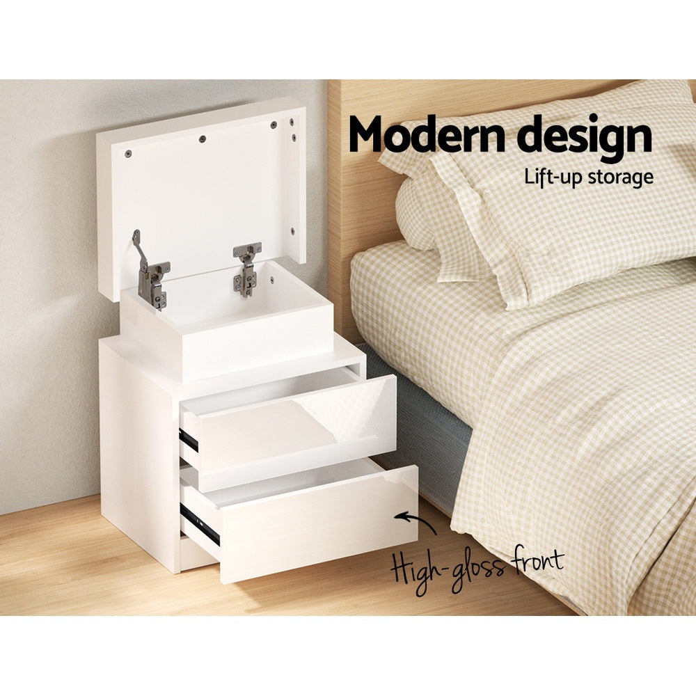 2X Bedside Table LED 2 Drawers Lift-up Storage - COLEY White