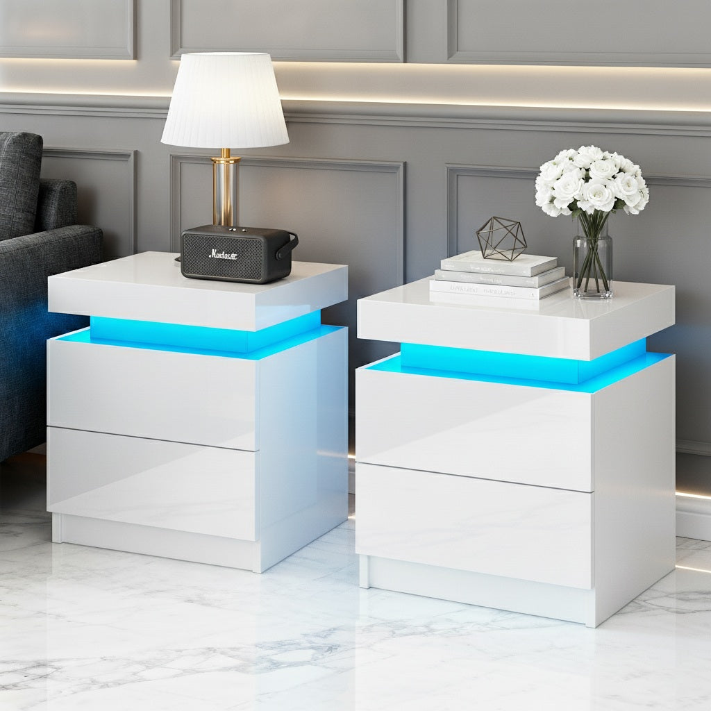 2X Bedside Table LED 2 Drawers Lift-up Storage - COLEY White