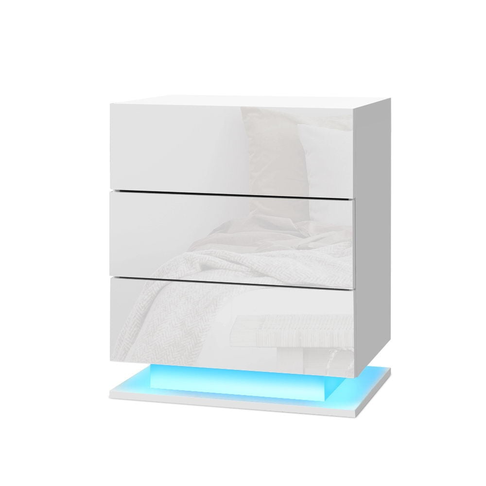 2x Bedside Table LED 3 Drawers - MORI White